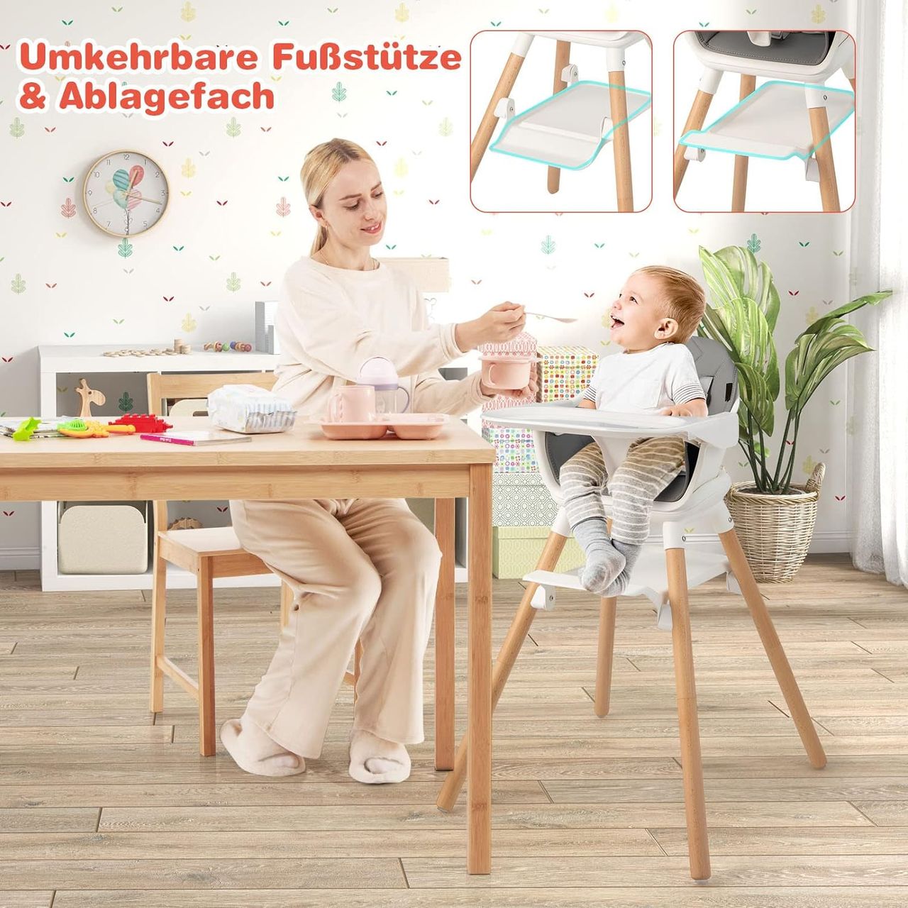 Costway 6 in 1 Babyhochstuhl aus PP & Buchenholz