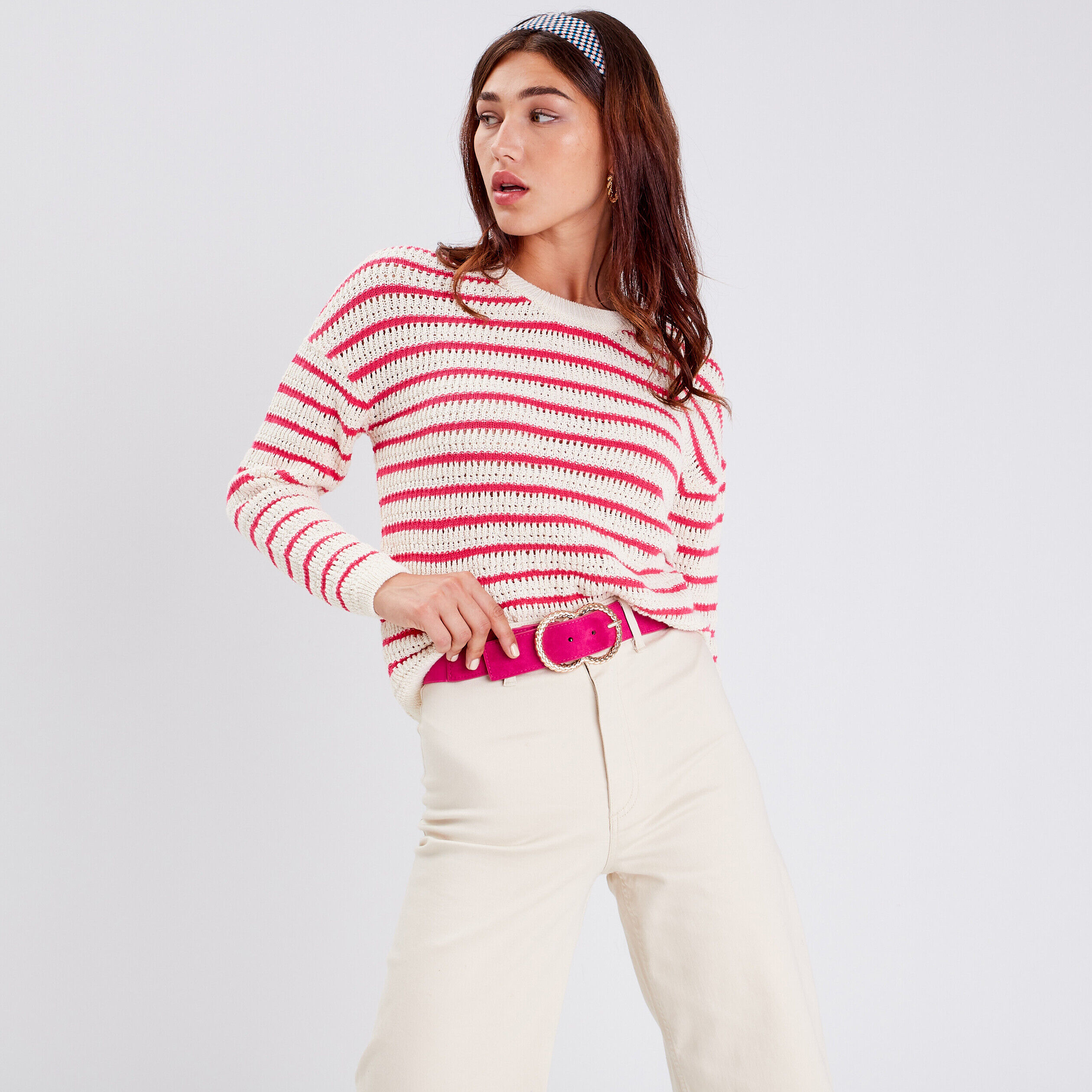 Pull manches longues ajouré rose vif femme | Cache Cache