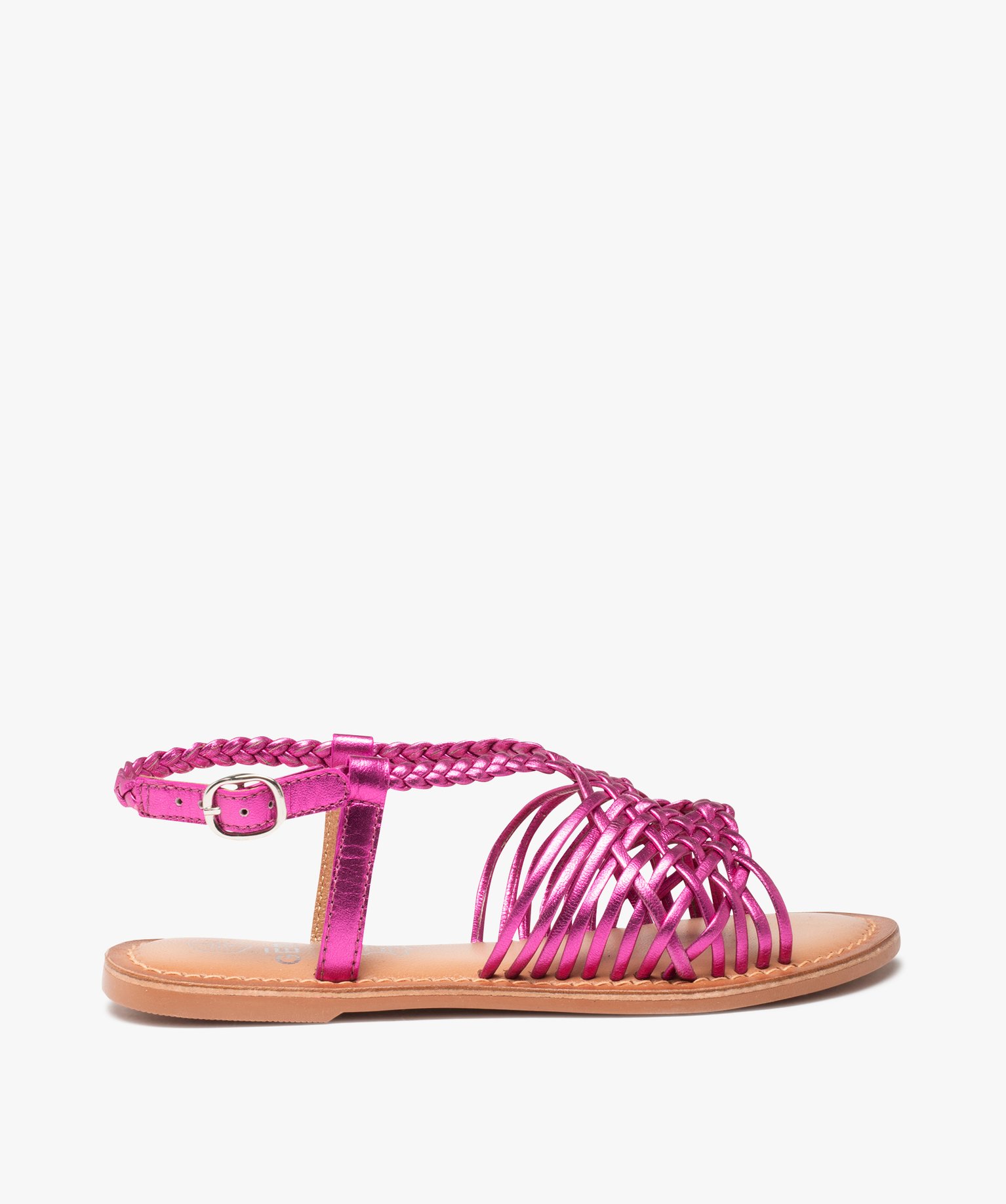 Sandales fille à fines brides tressées en cuir métallisé rose | GEMO