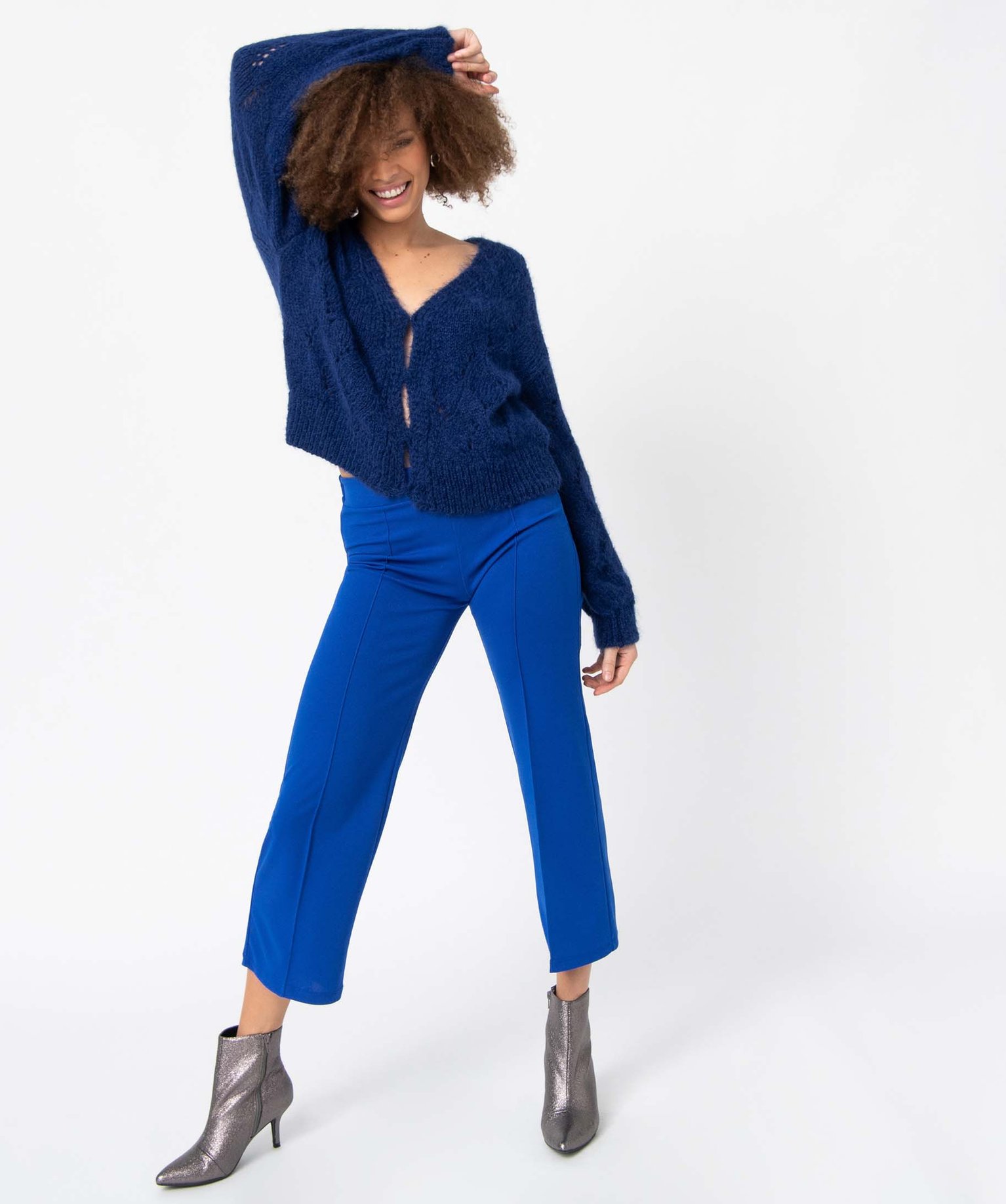 Gilet femme en maille fantaisie ajourée bleu | GEMO
