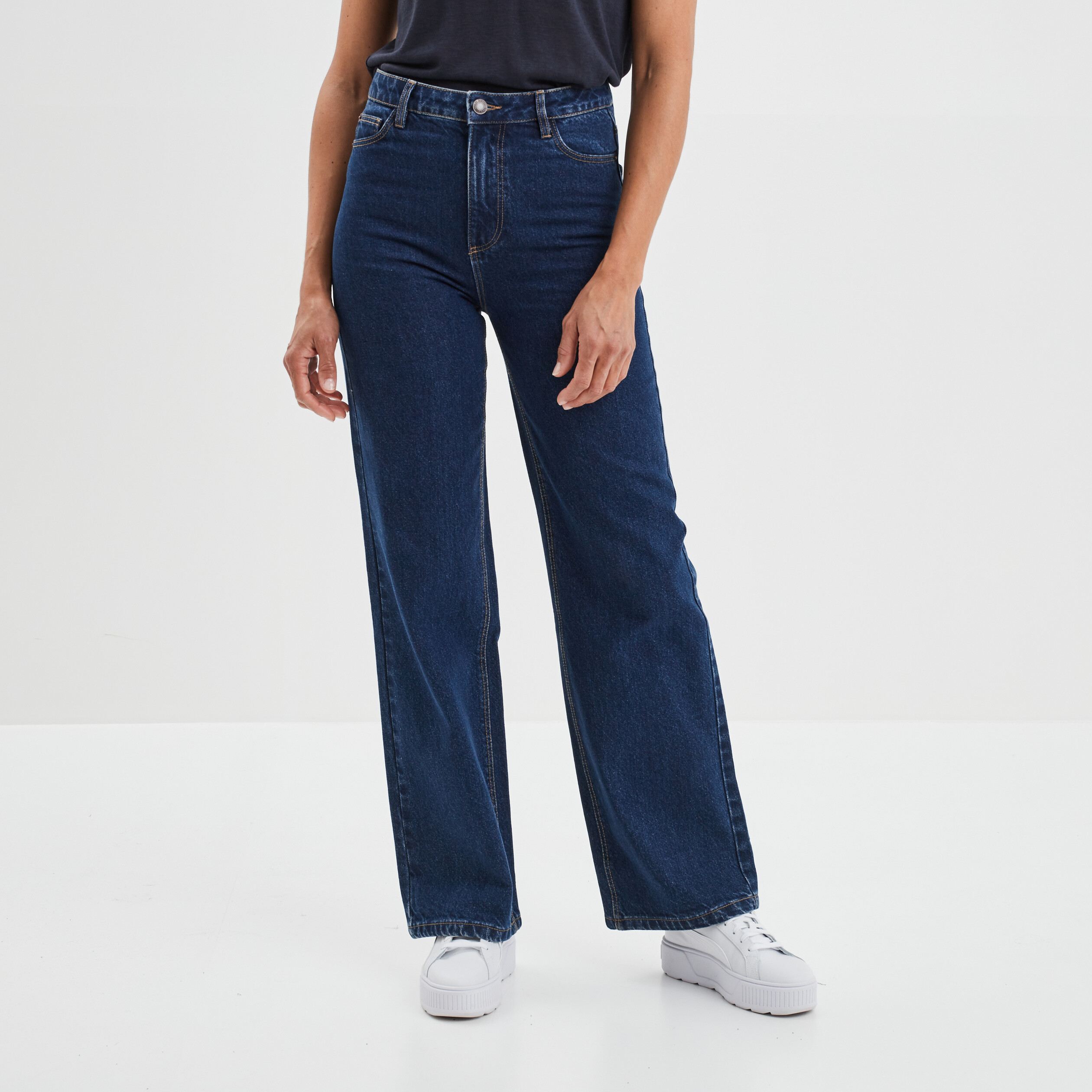 Jeans wide leg taille haute coton denim brut femme | La Halle