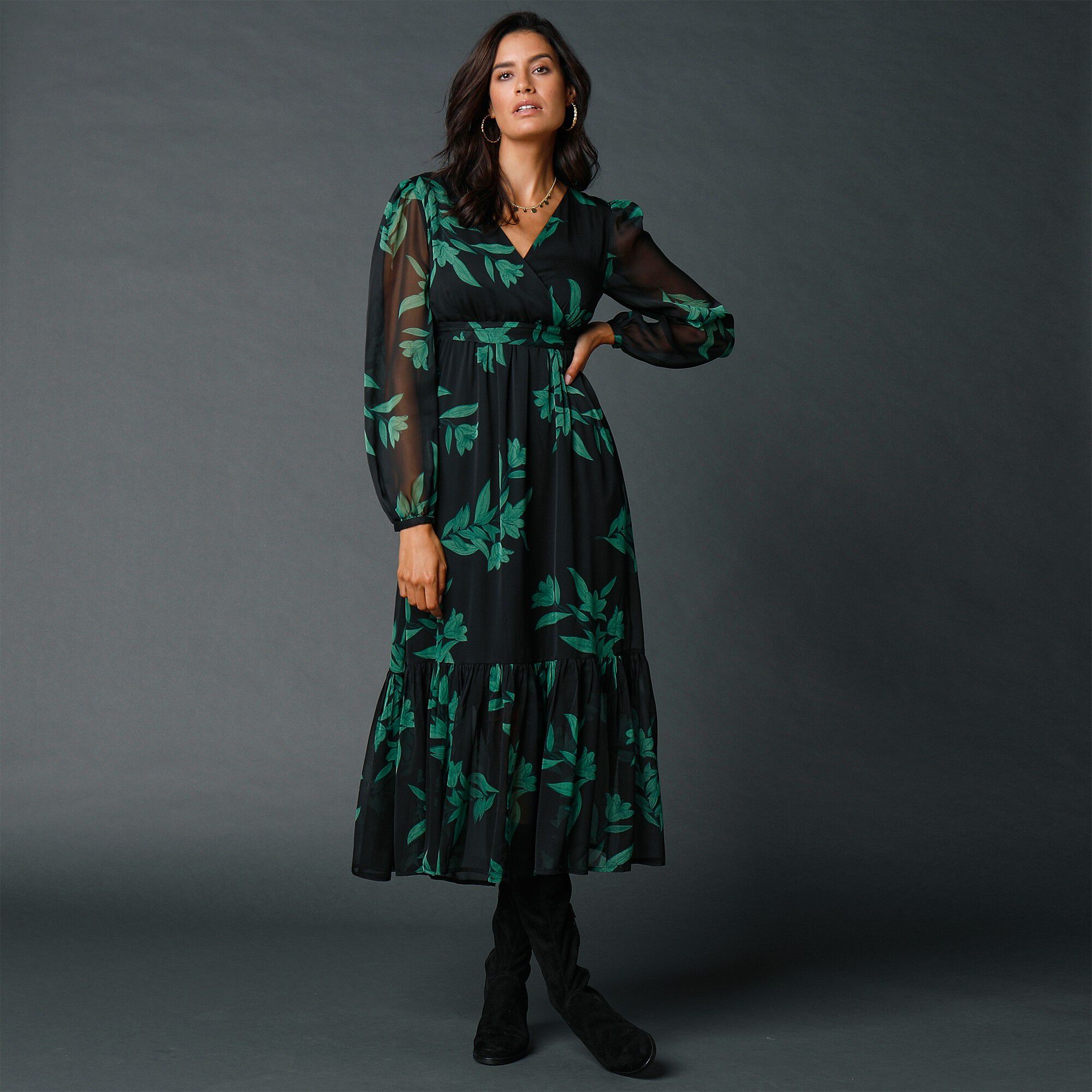 Robe longue volant, voile imprimé