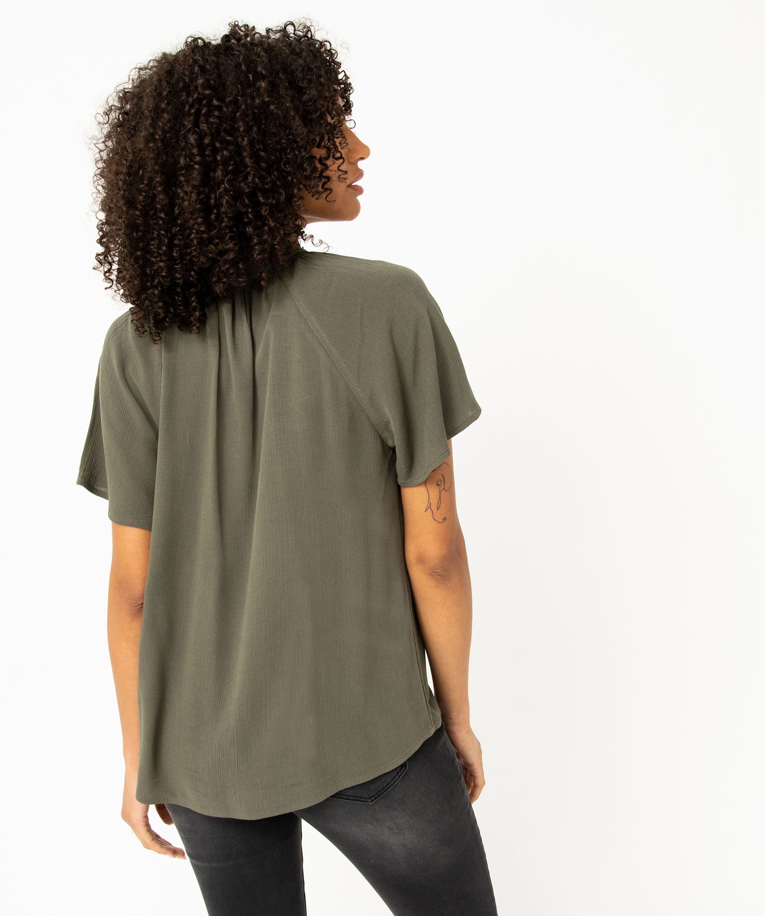 Blouse à manches courtes en crêpe de viscose uni femme vert | GEMO