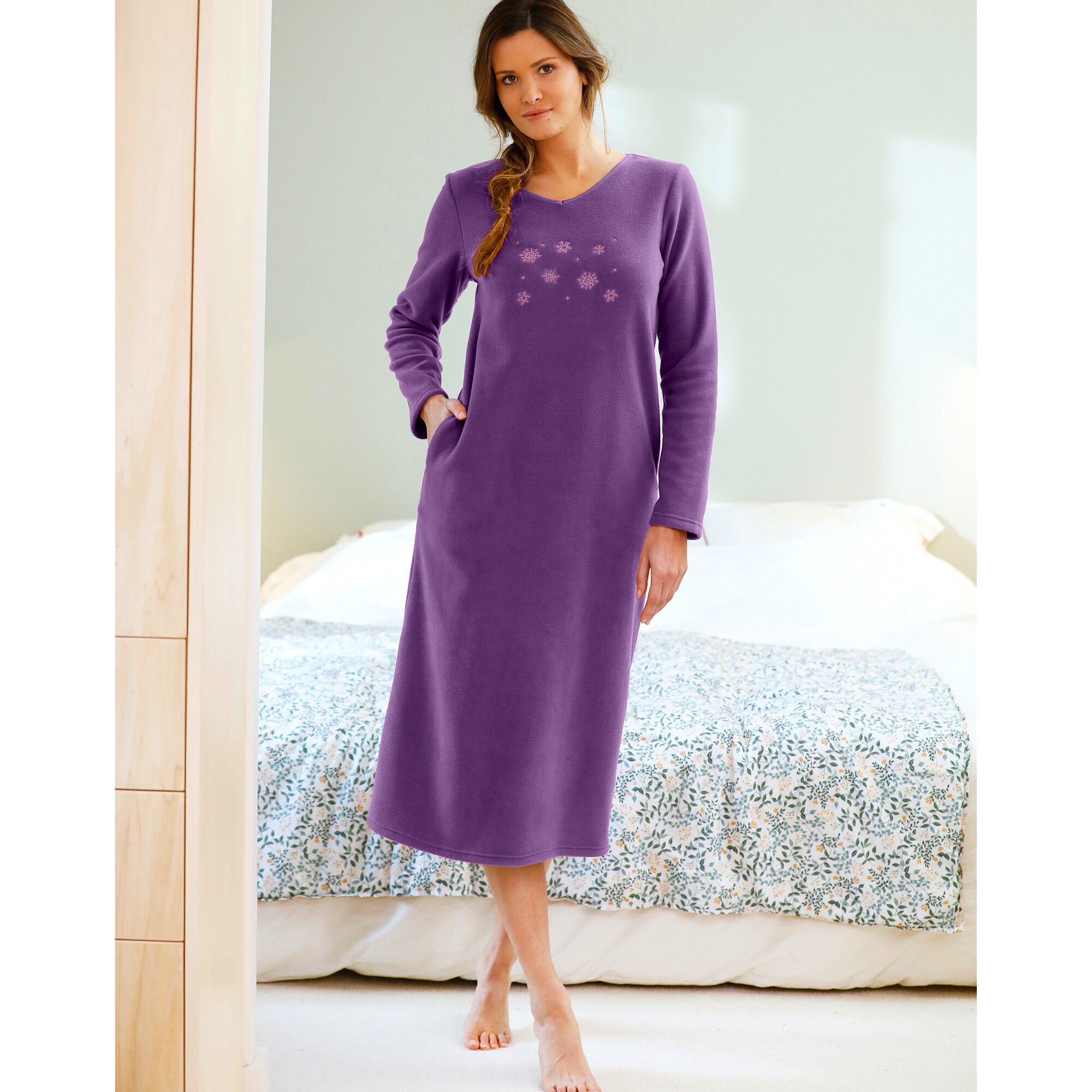 Chemise de nuit polaire manches longues brodée