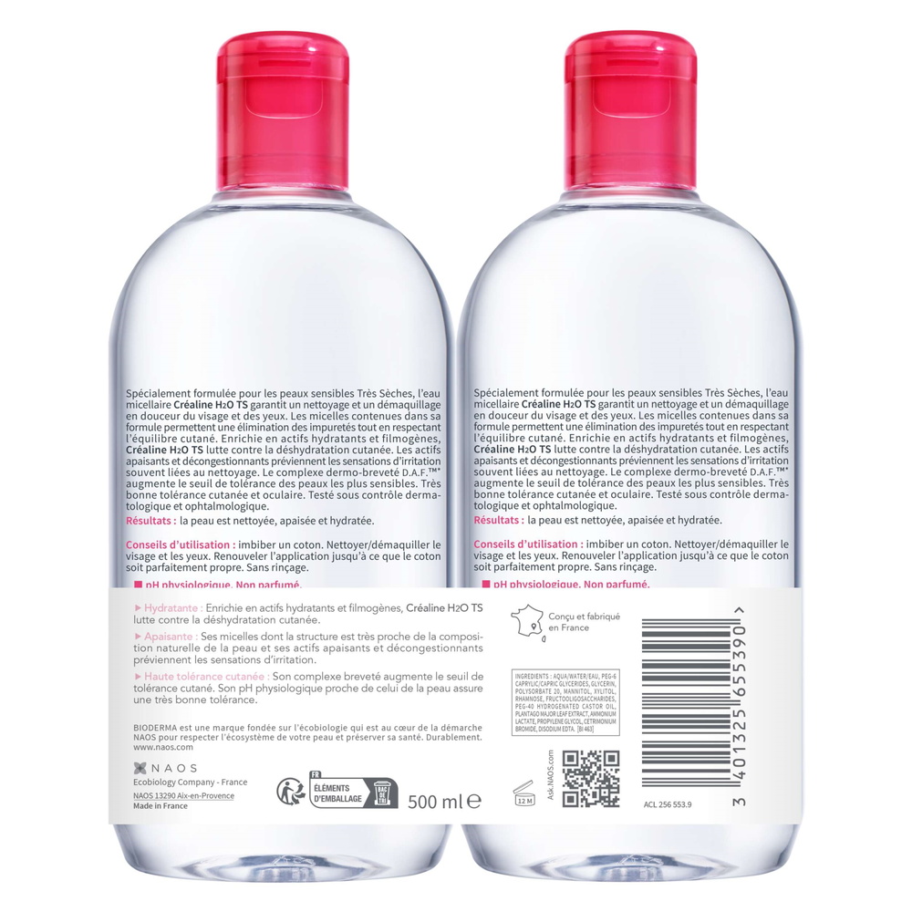 Bioderma CREALINE H2O TS Eau micellaire démaquillante 2x500 ml  Peaux très sèches Démaquillant/Nettoyant