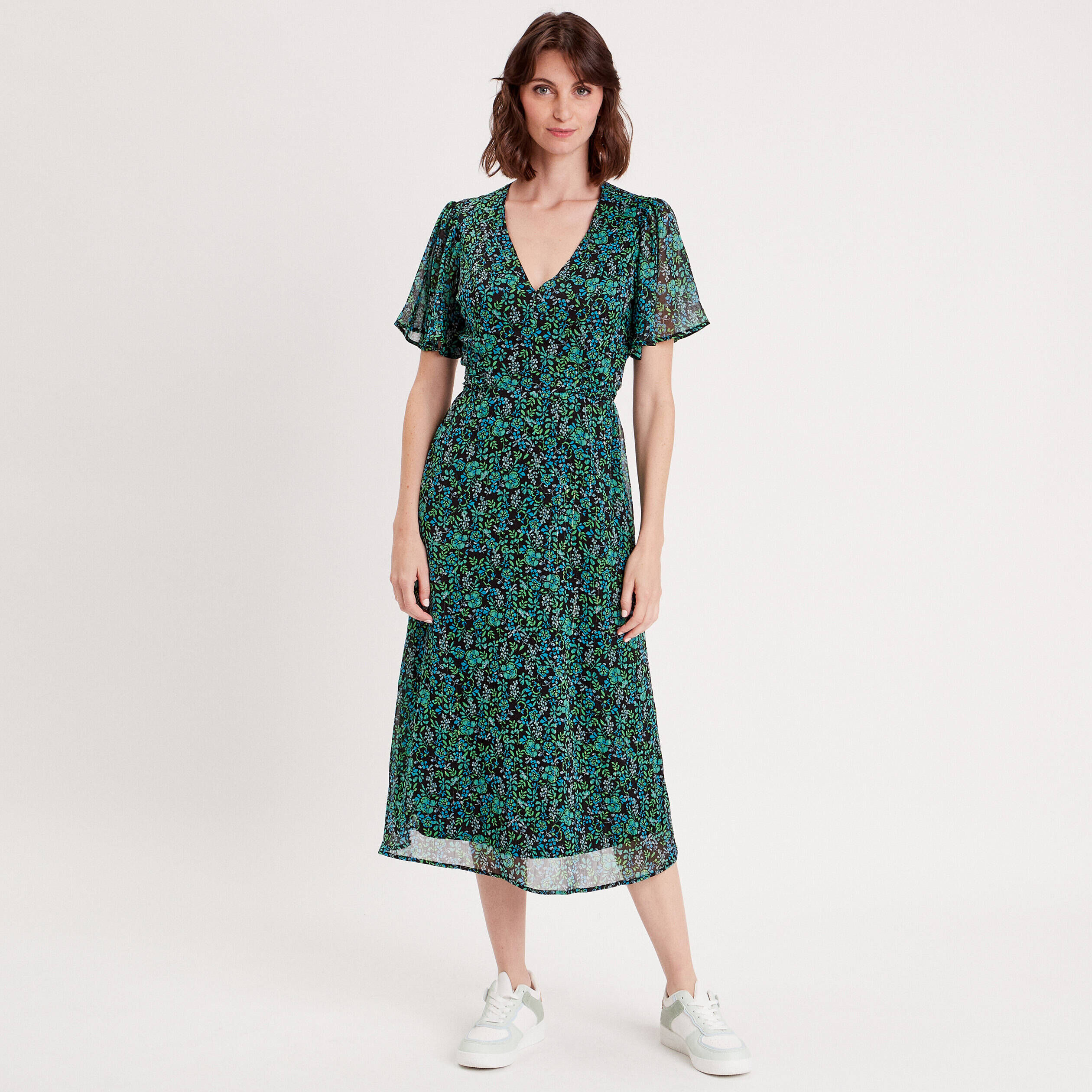 Robe longue évasée col en V vert femme | Cache Cache