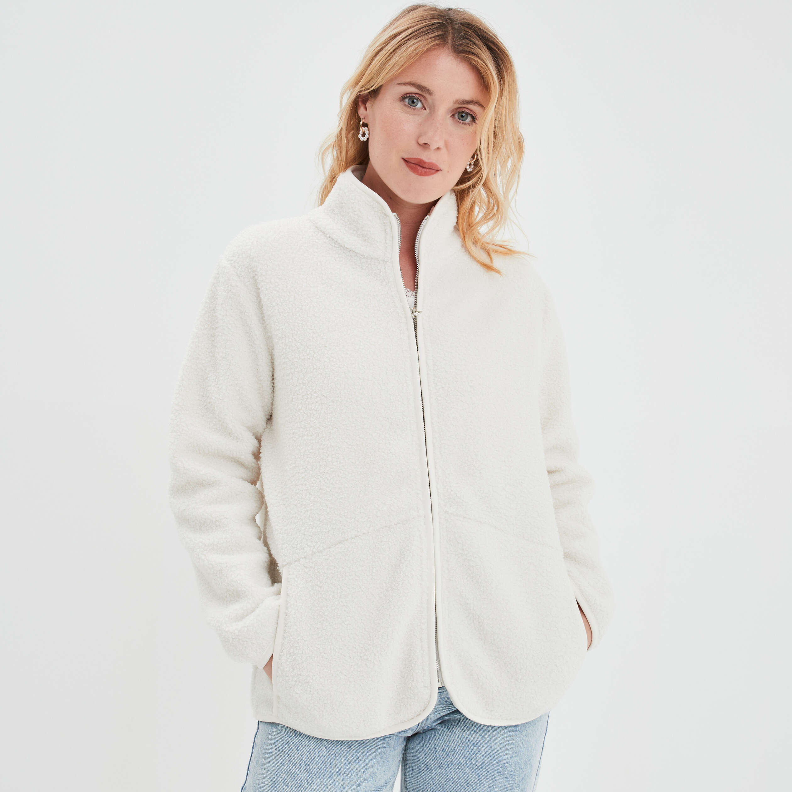 Gilet polaire sherpa col montant ecru femme | La Halle