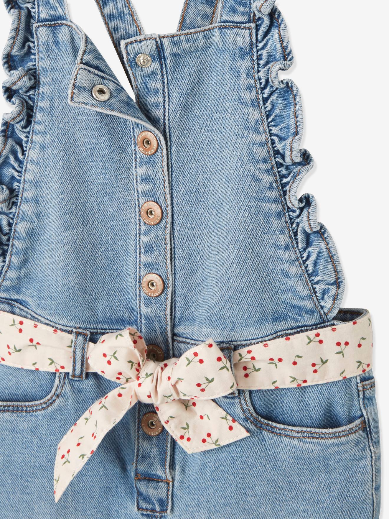 Salopette en jean à bretelles volantées fille denim bleached