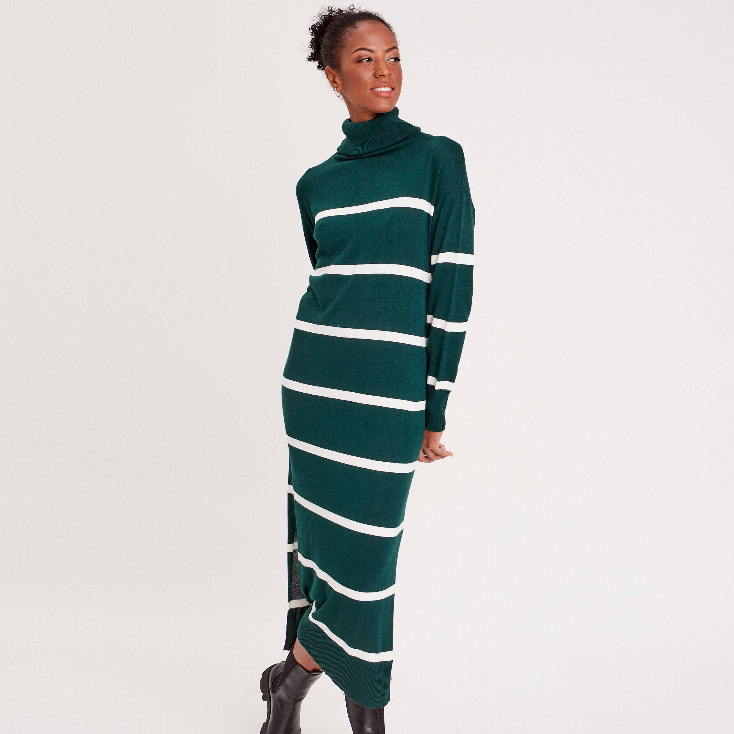 Robe pull longue col roulé vert foncé femme | Cache Cache