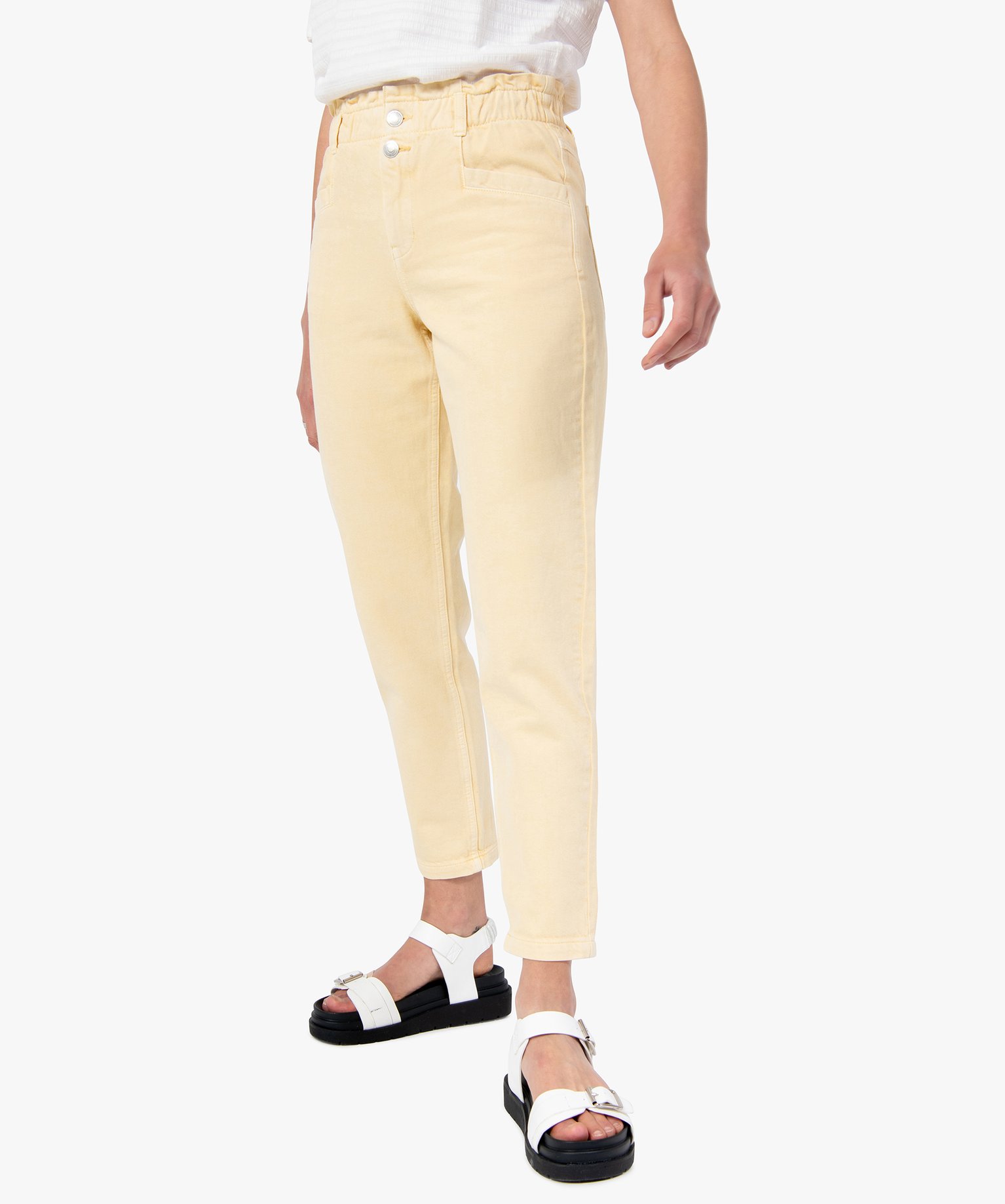 Pantalon femme en toile denim avec ceinture élastique jaune | GEMO