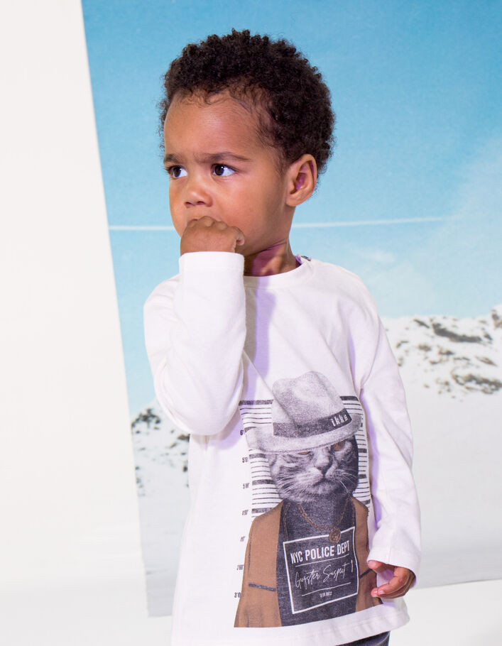 T-shirt écru coton bio visuel chat-gangster bébé garçon