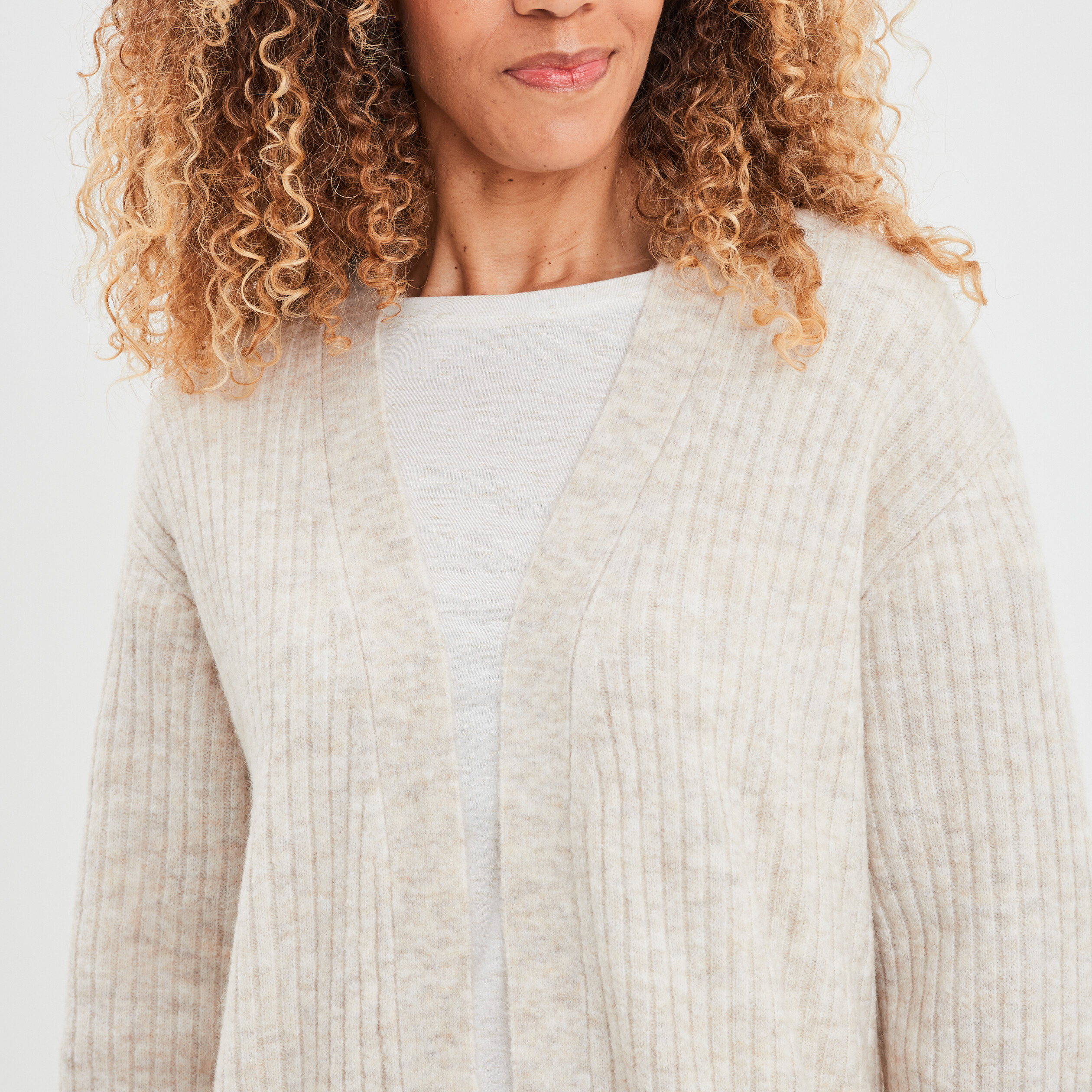 Gilet mi-long côtelé manches longues beige femme | La Halle