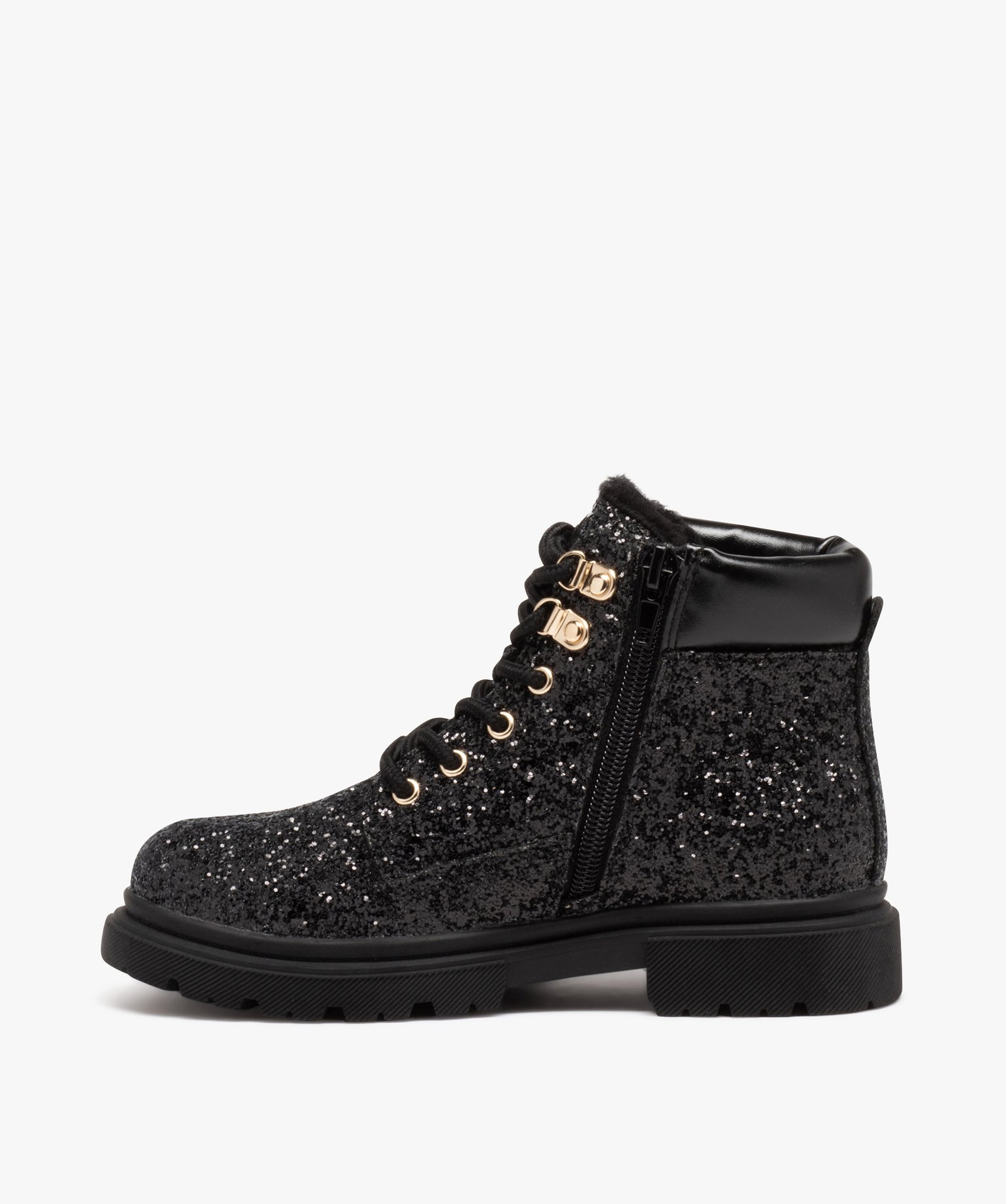 Boots fourrées à paillettes et lacets fille noir | GEMO