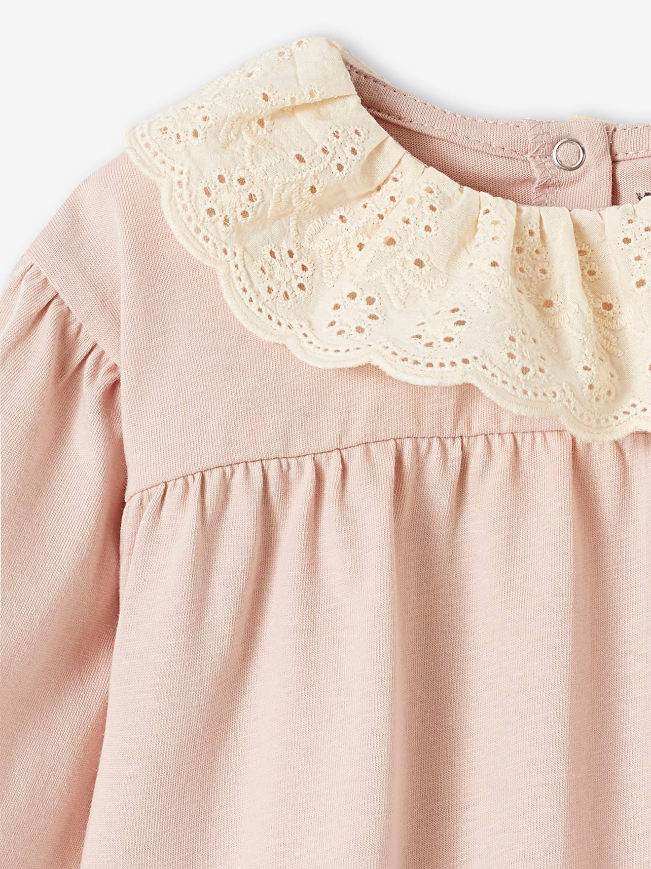 Tee-shirt col en broderie anglaise bébé manches longues rose pâle