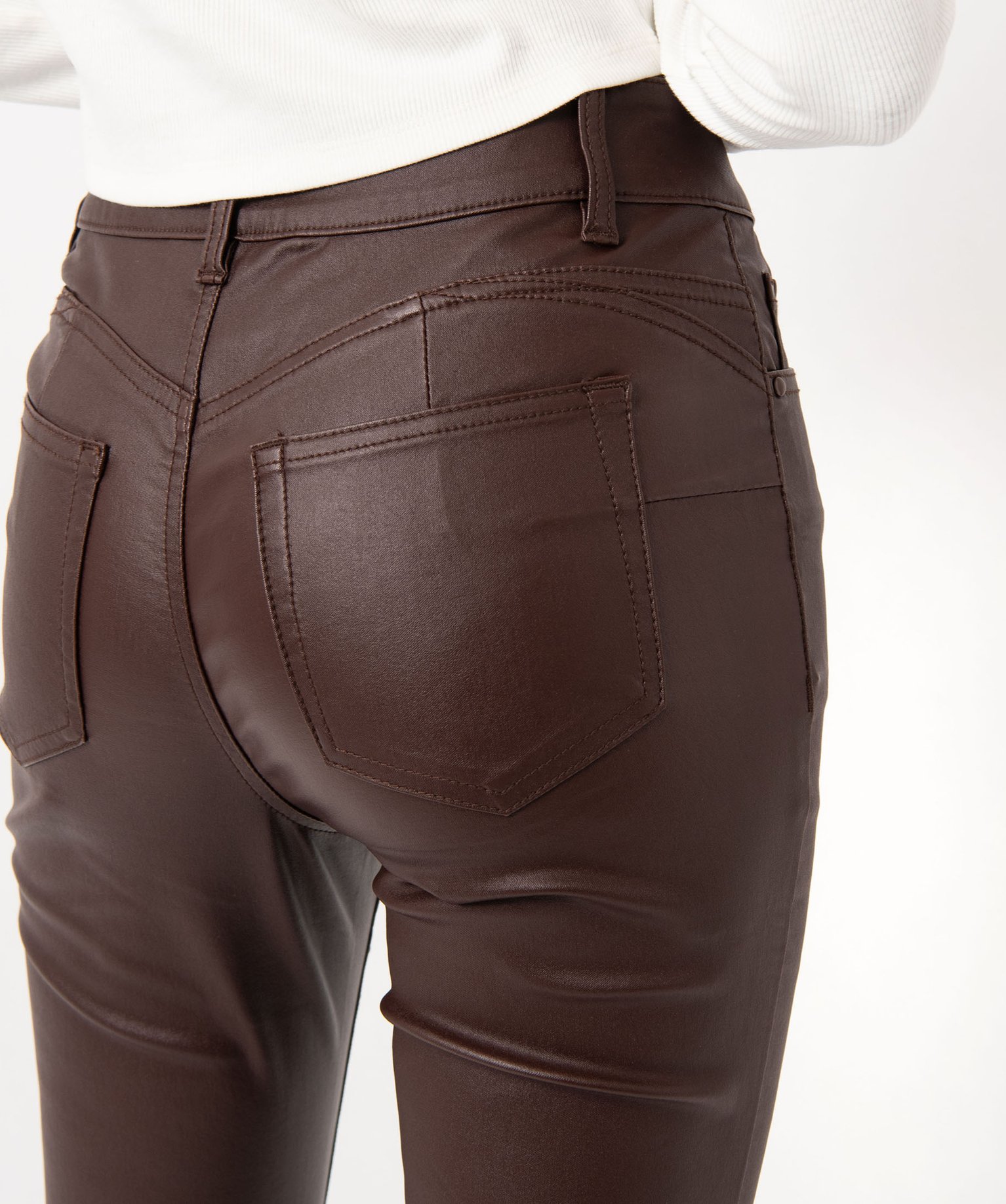 Pantalon enduit taille haute coupe skinny push-up femme marron | GEMO