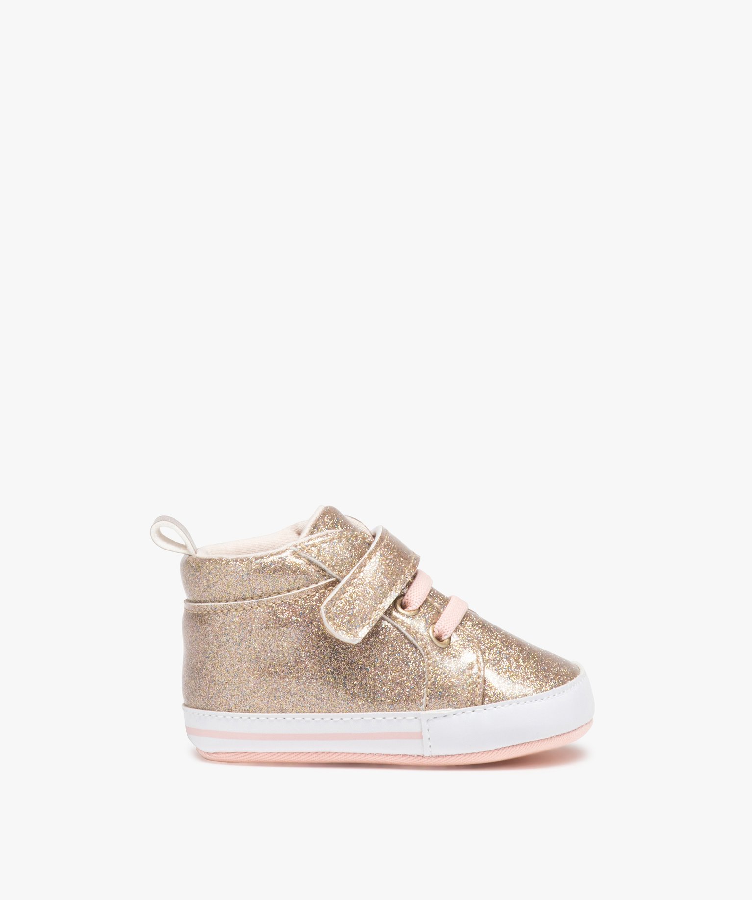 Chaussons de naissance bébé fille à paillettes et à scratch or | GEMO