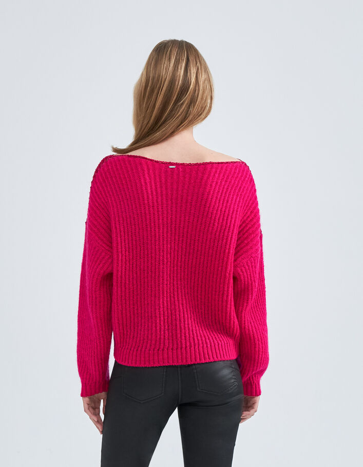 Pull rose tricot à côtes et détails lurex Femme