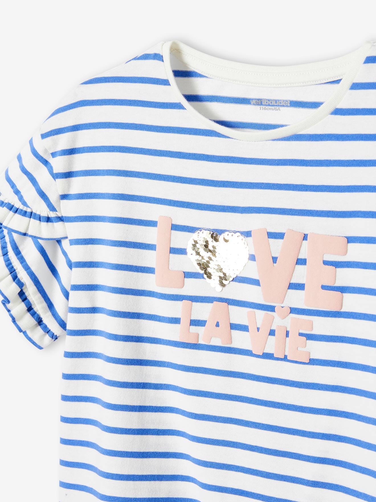 Tee-shirt rayé avec coeur en sequins fille rayé bleu