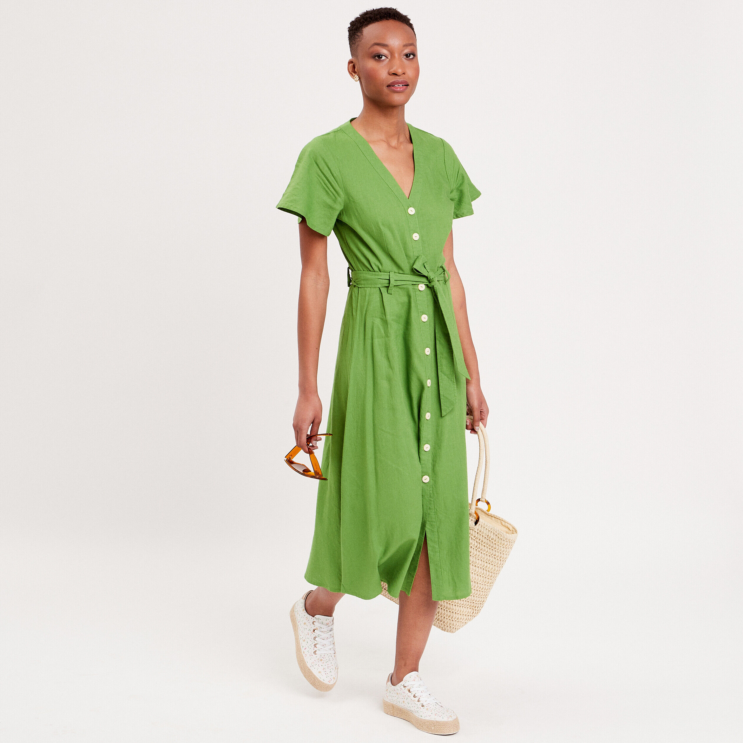 Robe boutonnée à manches courtes vert femme | Cache Cache