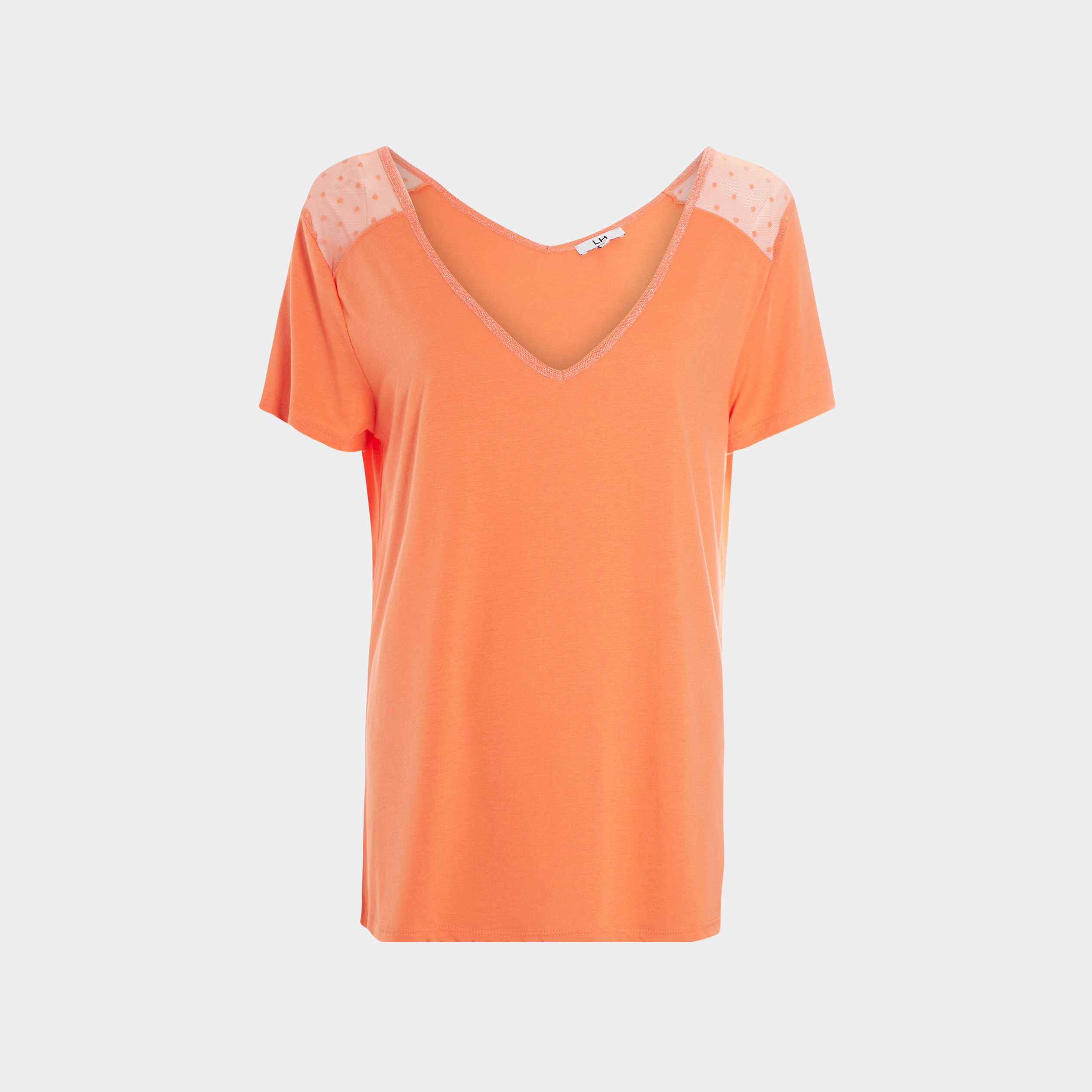 T-shirt manches courtes à col en V orange corail femme | La Halle
