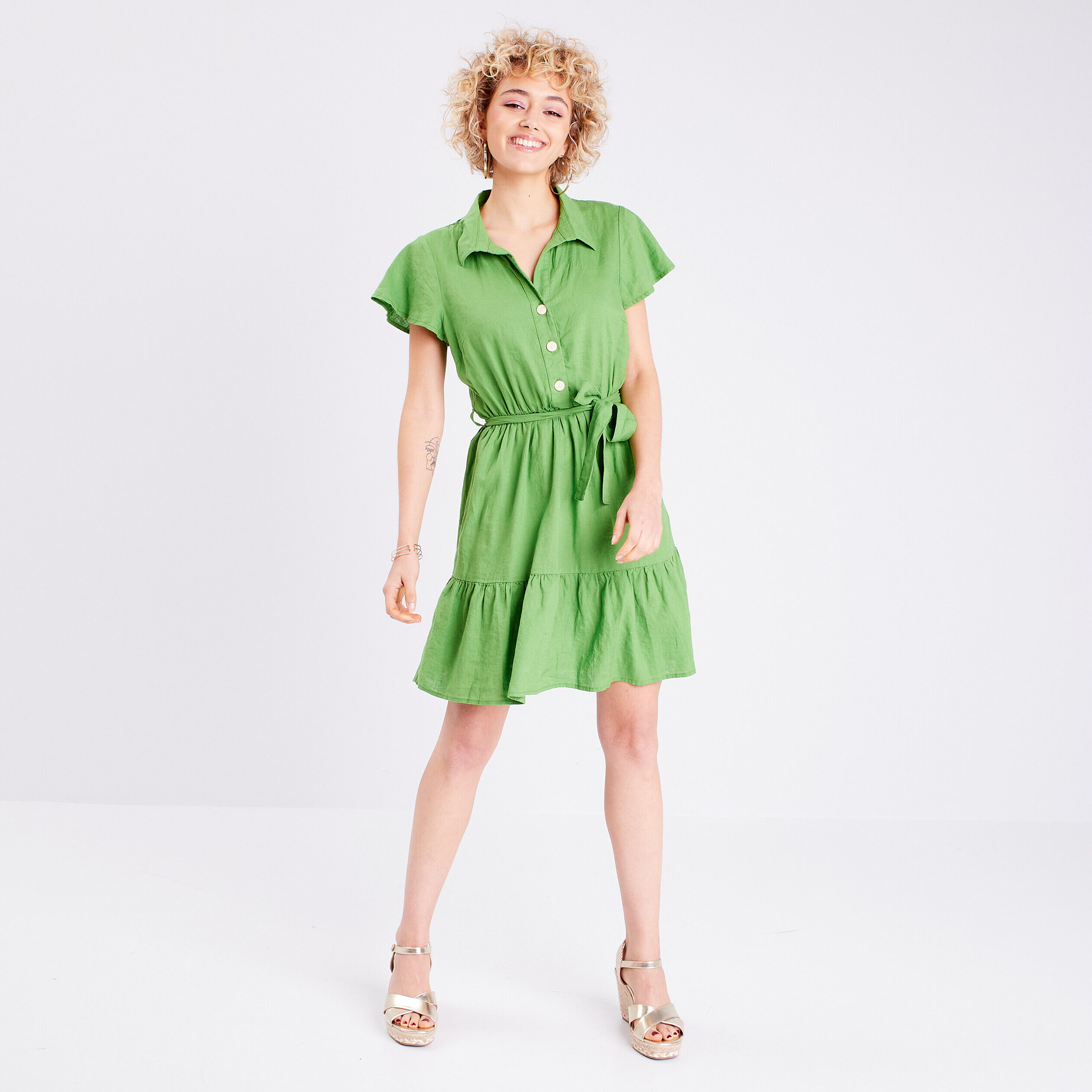 Robe évasée ceinturée vert femme | Cache Cache