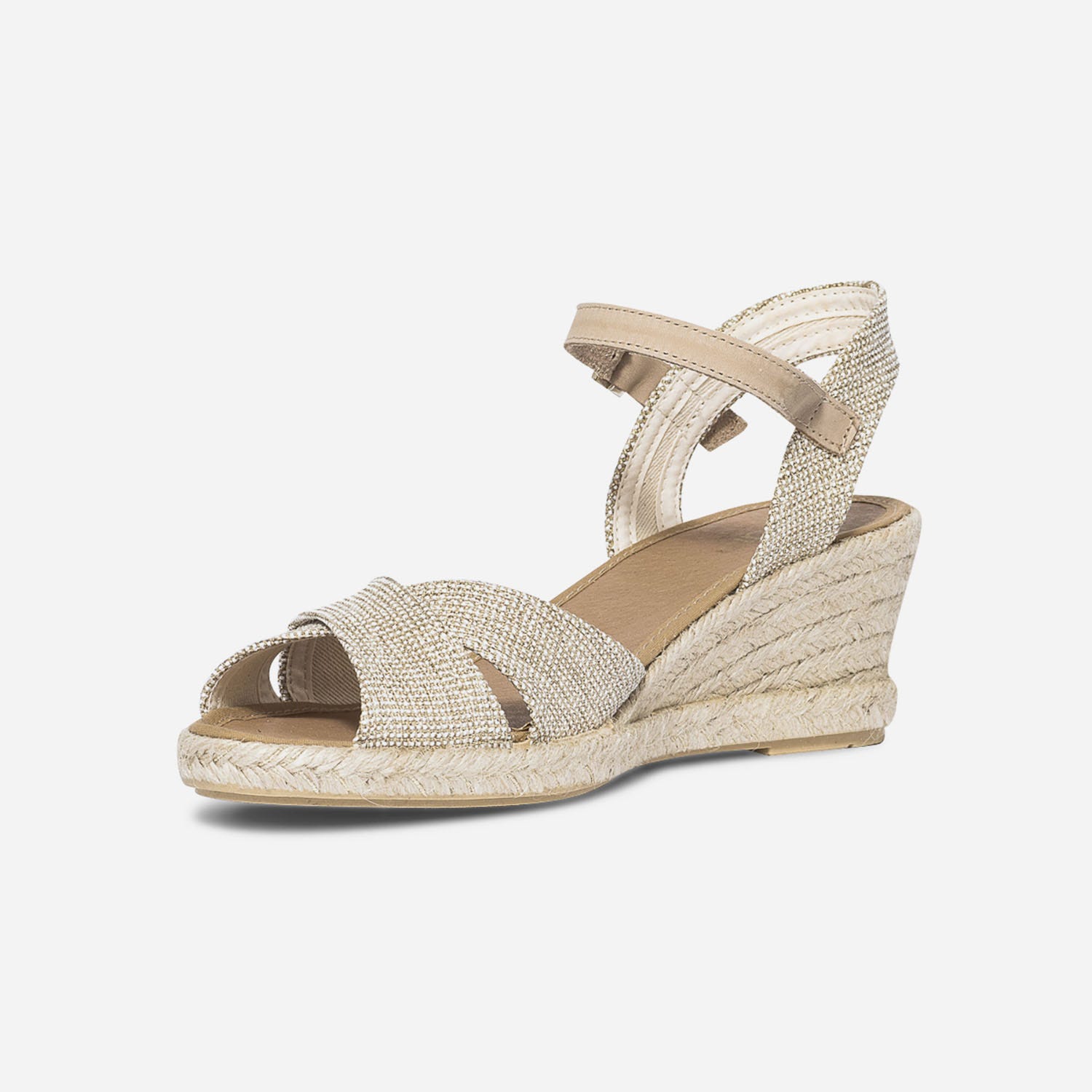 Sandale compensée beige pailleté or