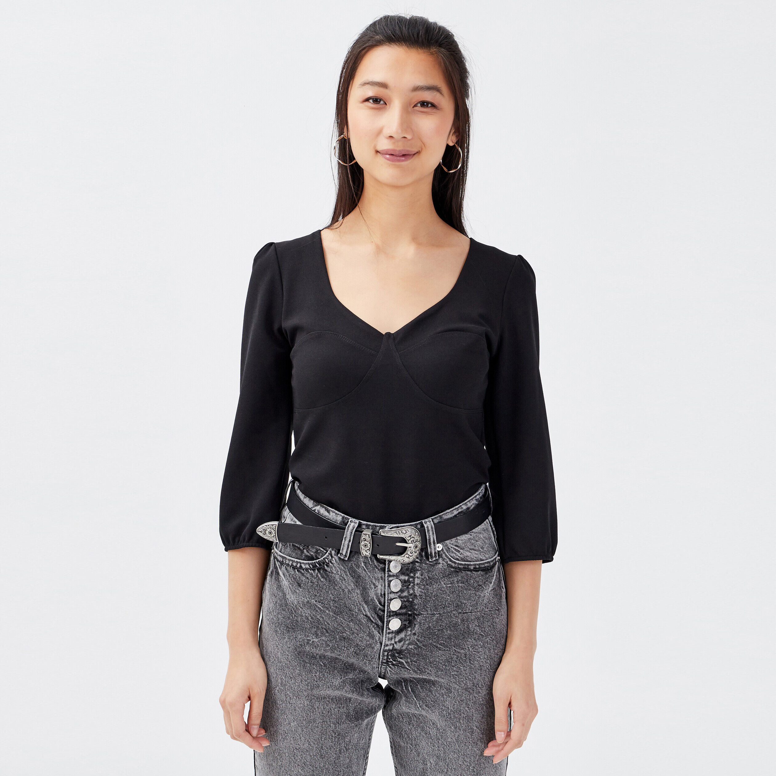 T-shirt manches 3/4 noir femme | Cache Cache
