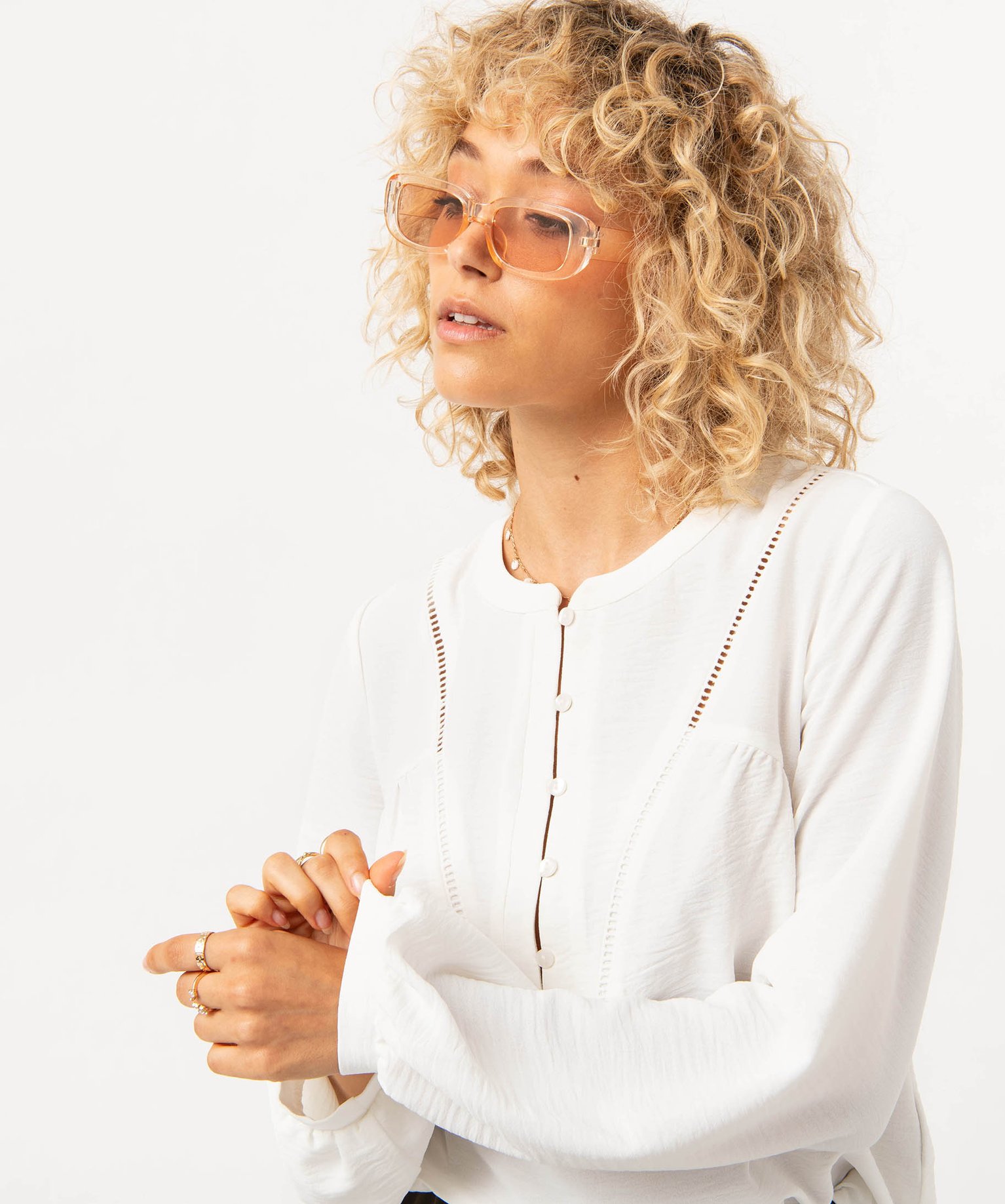 Blouse unie avec col rond boutonné femme ecru | GEMO