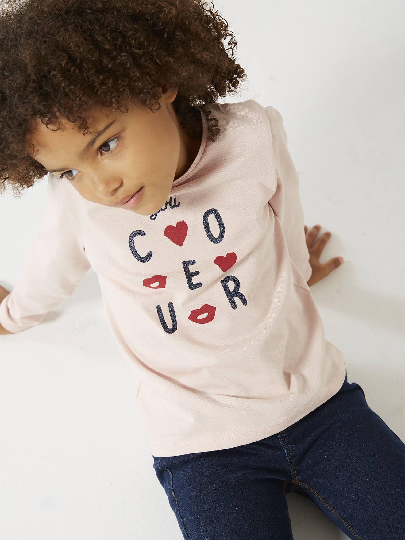T-shirt Basics message irisé fille manches longues bleu marine