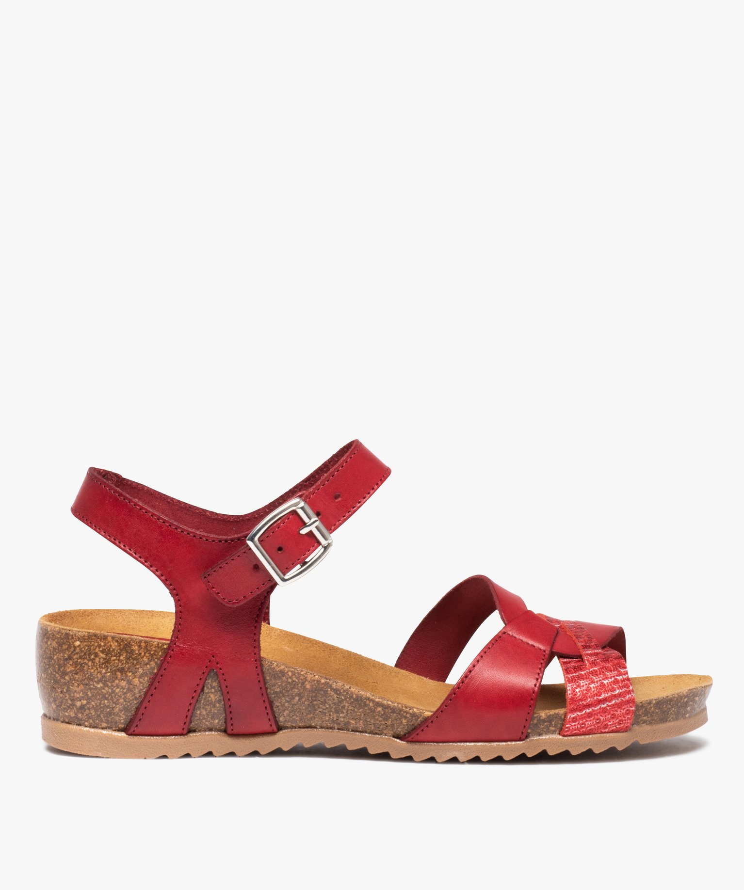 Sandales femme unies et compensées à bride fantaisie en cuir rouge | GEMO