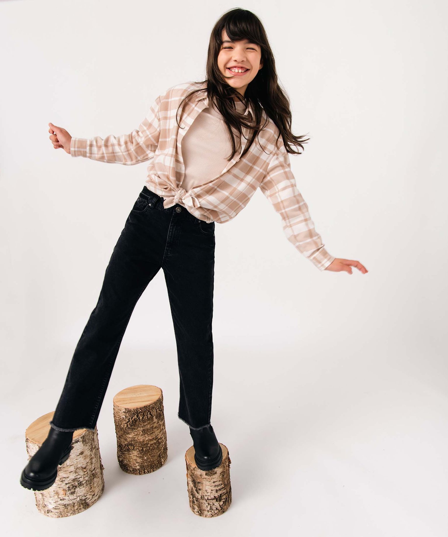 Chemise fille à carreaux en flanelle beige | GEMO