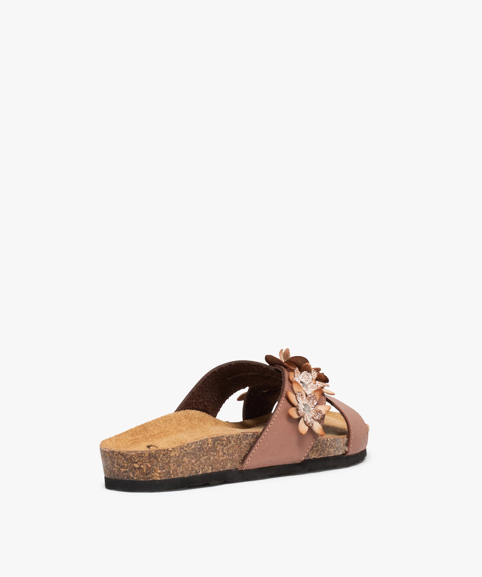 Mules femme à talon plat et larges brides à fleurs taupe | GEMO