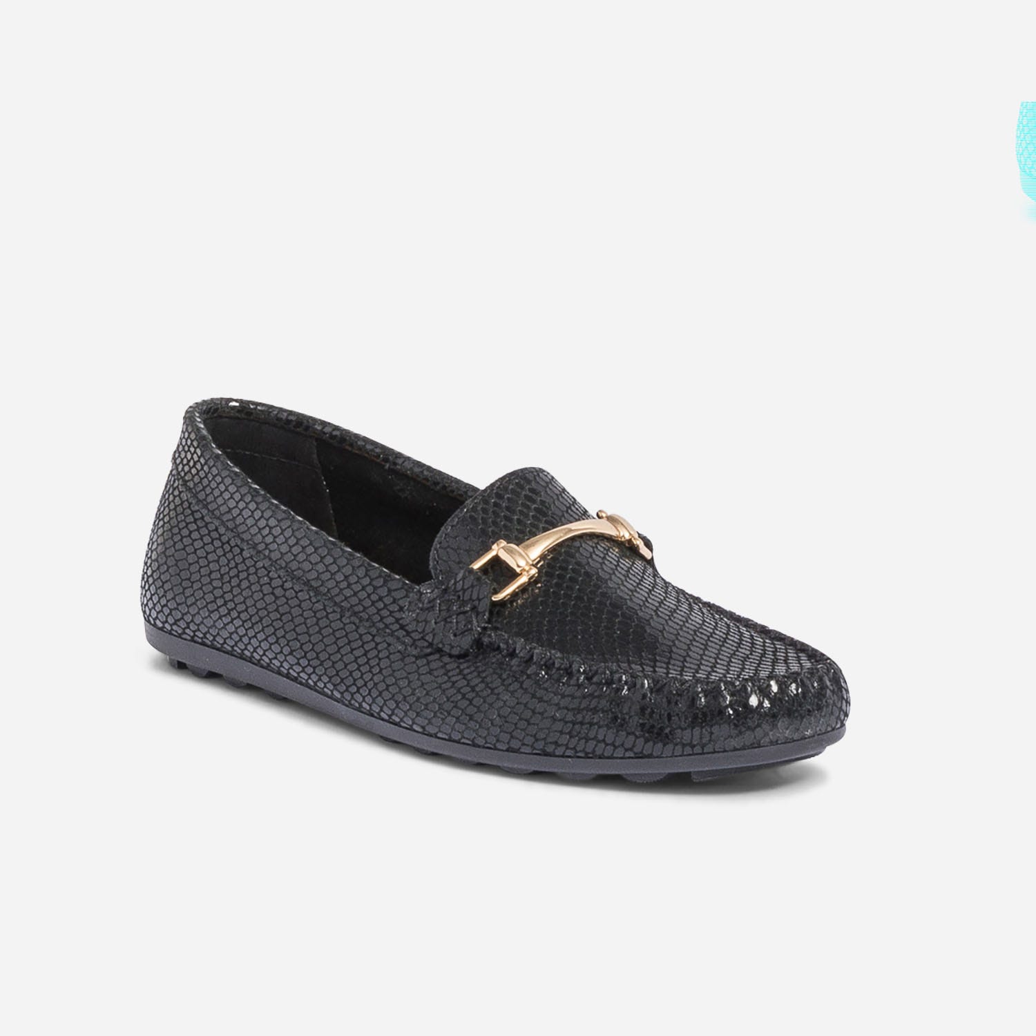 Mocassin noir en cuir velours effet python