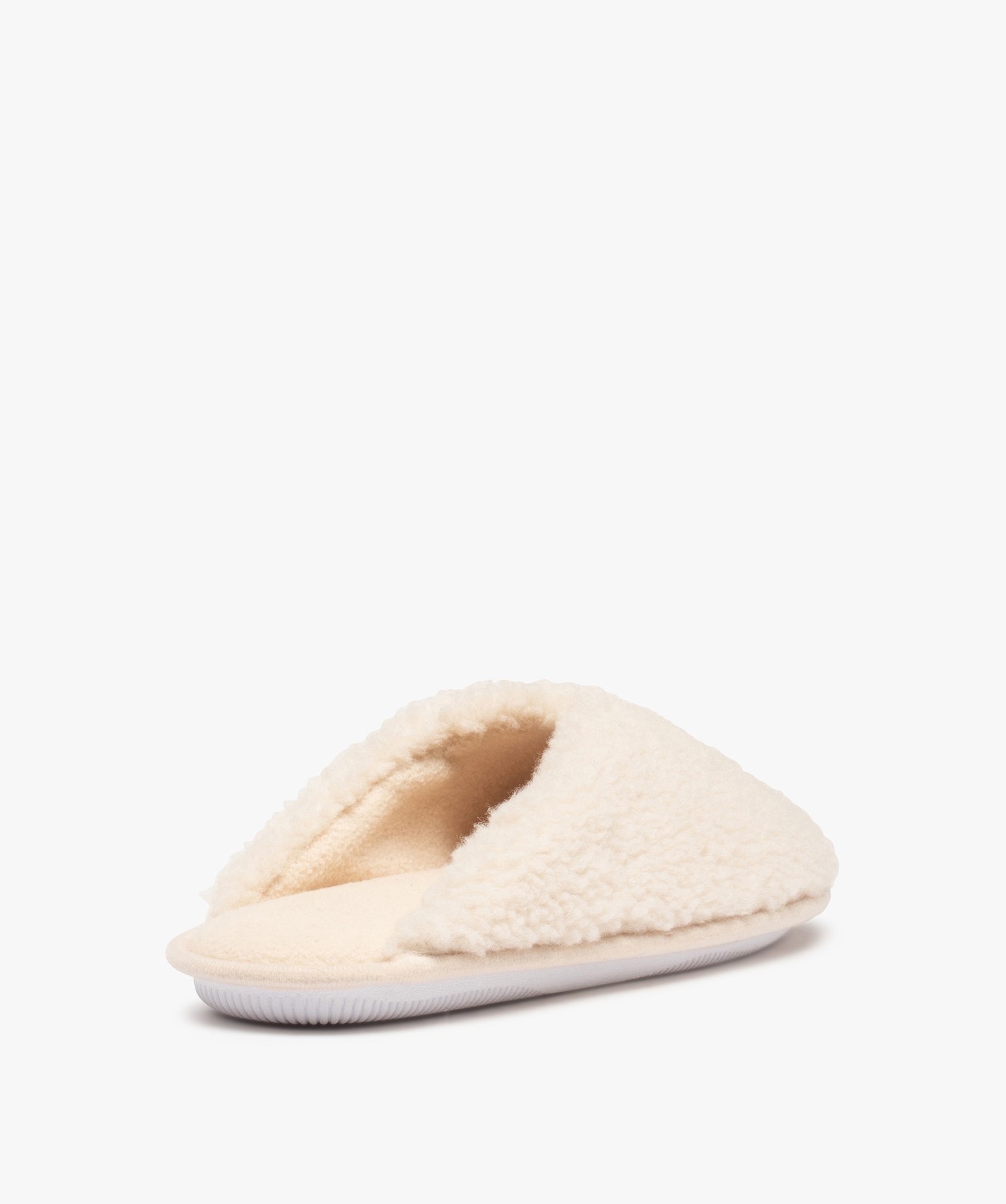 Chaussons femme mules plates unies en textile sherpa beige | GEMO