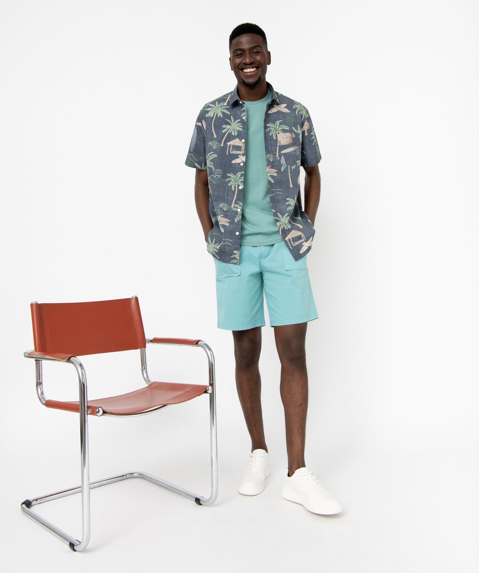 Bermuda en toile uni avec ceinture ajustable homme bleu | GEMO