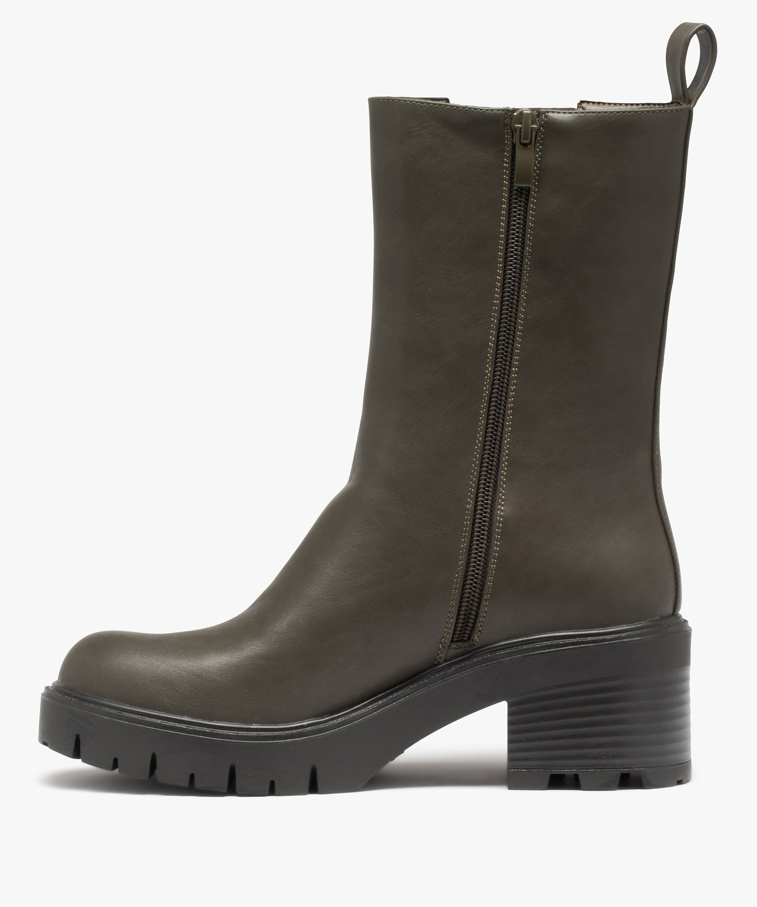 Boots femme unies à talon large et semelle crantée kaki | GEMO