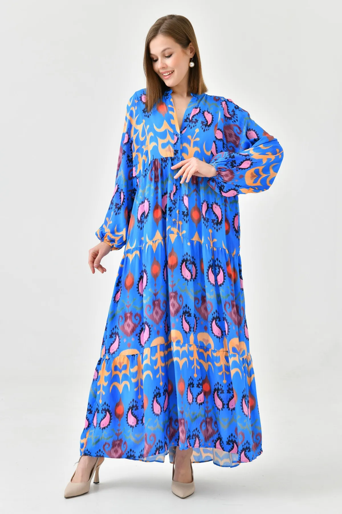 lovebox  Ethnisch gemustertes, geknöpftes, vorherrschender Kragen, Ballonärmel, Midi-Länge, weit ausgestellter Schnitt, blaues Sommerkleid 036