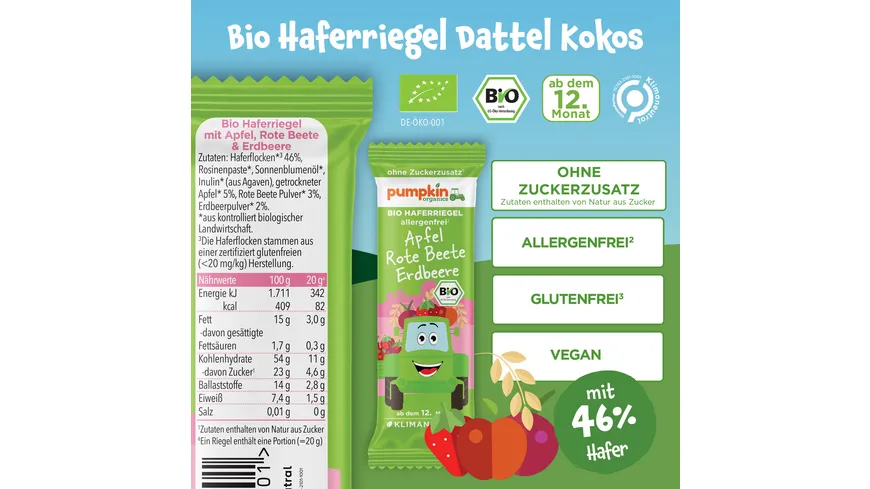 pumpkin organics Bio Haferriegel mit Apfel, Rote Beete & Erdbeere 20 g