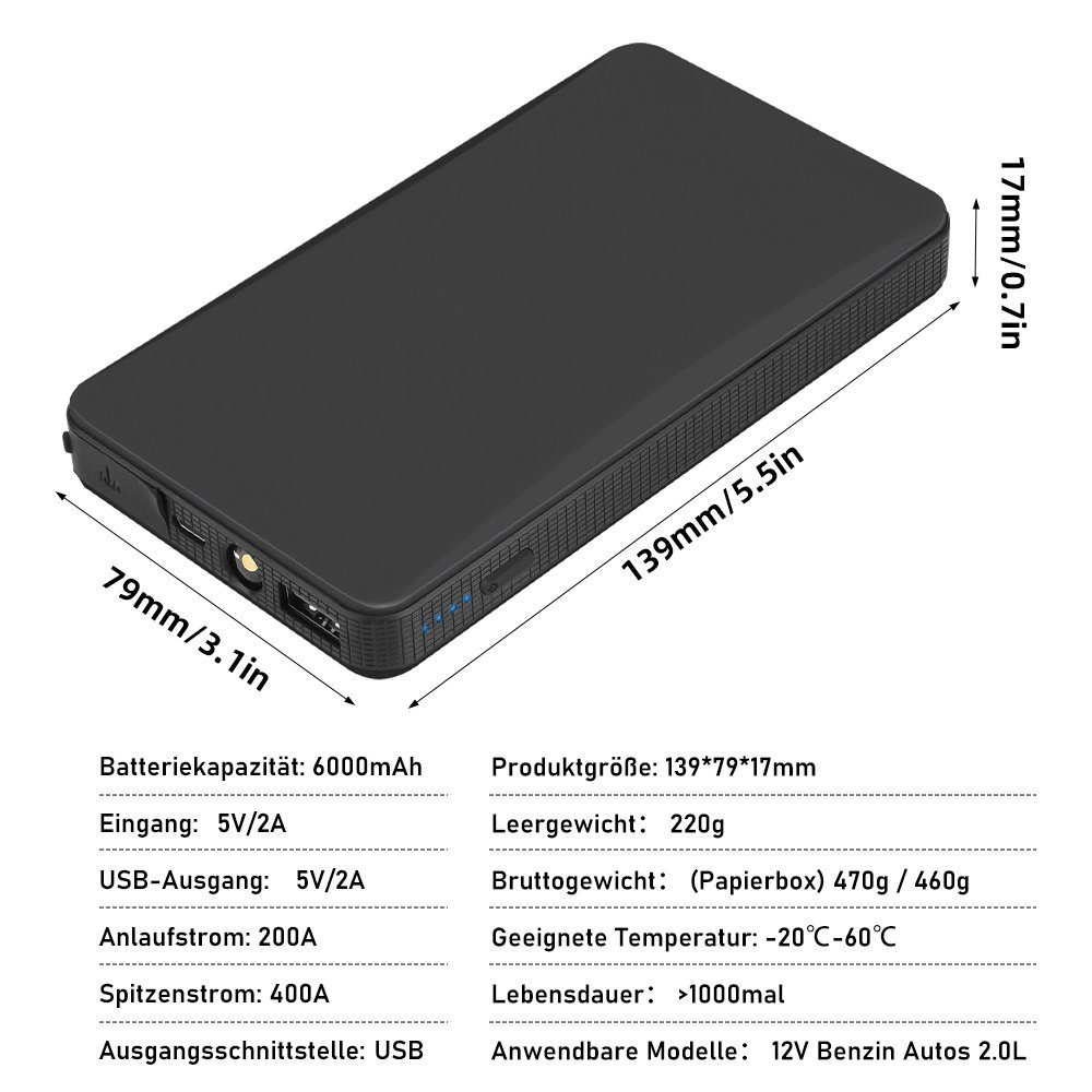 MDHAND Schwarzes tragbares 6000mAh Autobatterie-Ladegerät (2-tlg., Fast Charge)