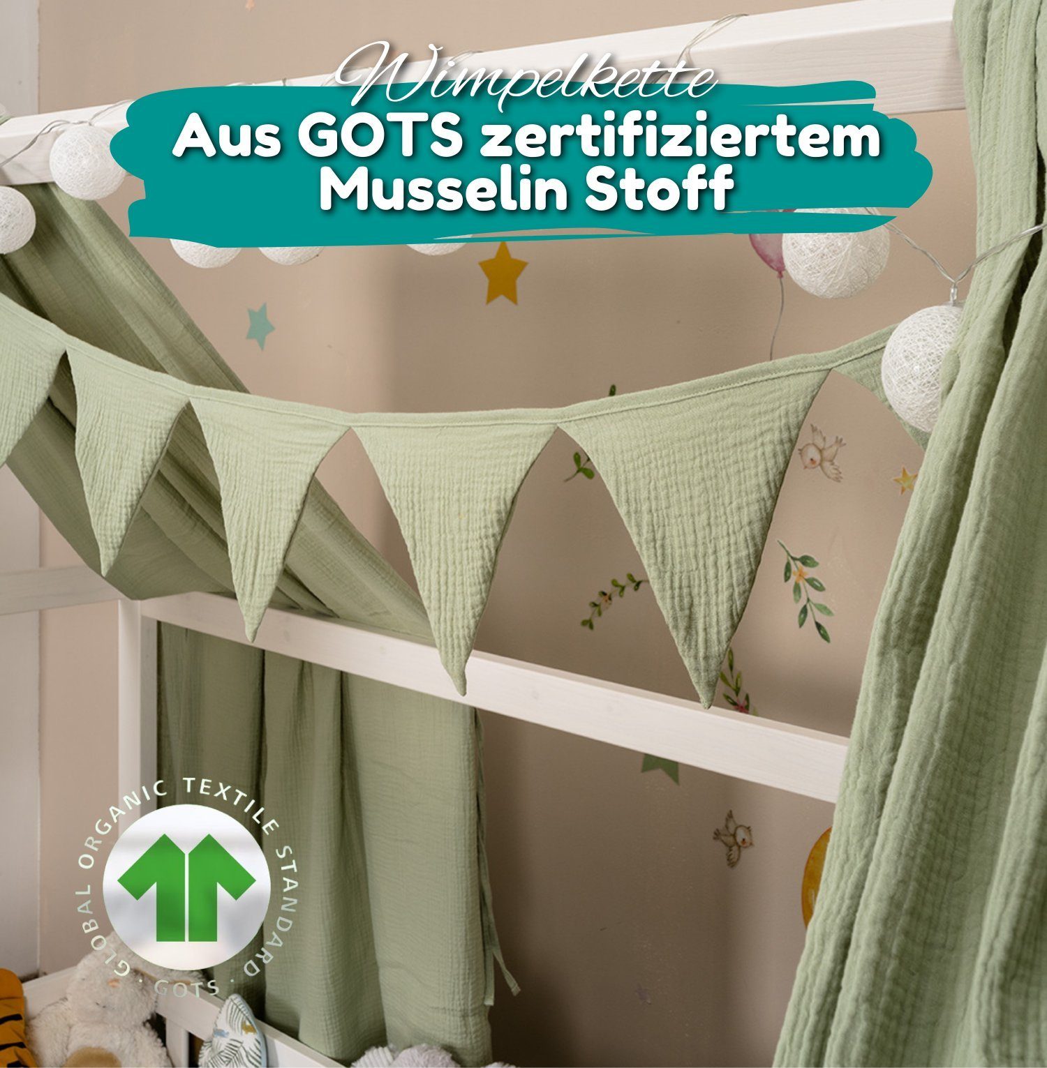 Alavya Home® Betthimmel Der Luxus DEKO SET für HAUSBETT 80x160 I 90x200 I Befristetes Angebot (KOMPLETT SET I 2 Stück Betthimmel I 1 Stück Wimpelkette 300cm cm lang mit 9 Stück Wimpeln, 3-tlg), Dekoset aus 100% Bio-Musselin Baumwolle GOTS zertifizier