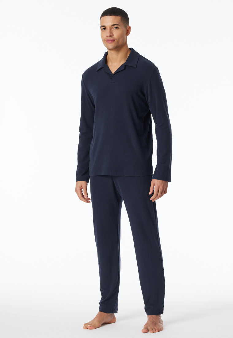 Schlafanzug lang Interlock Polokragen nachtblau - Selected Premium Warming