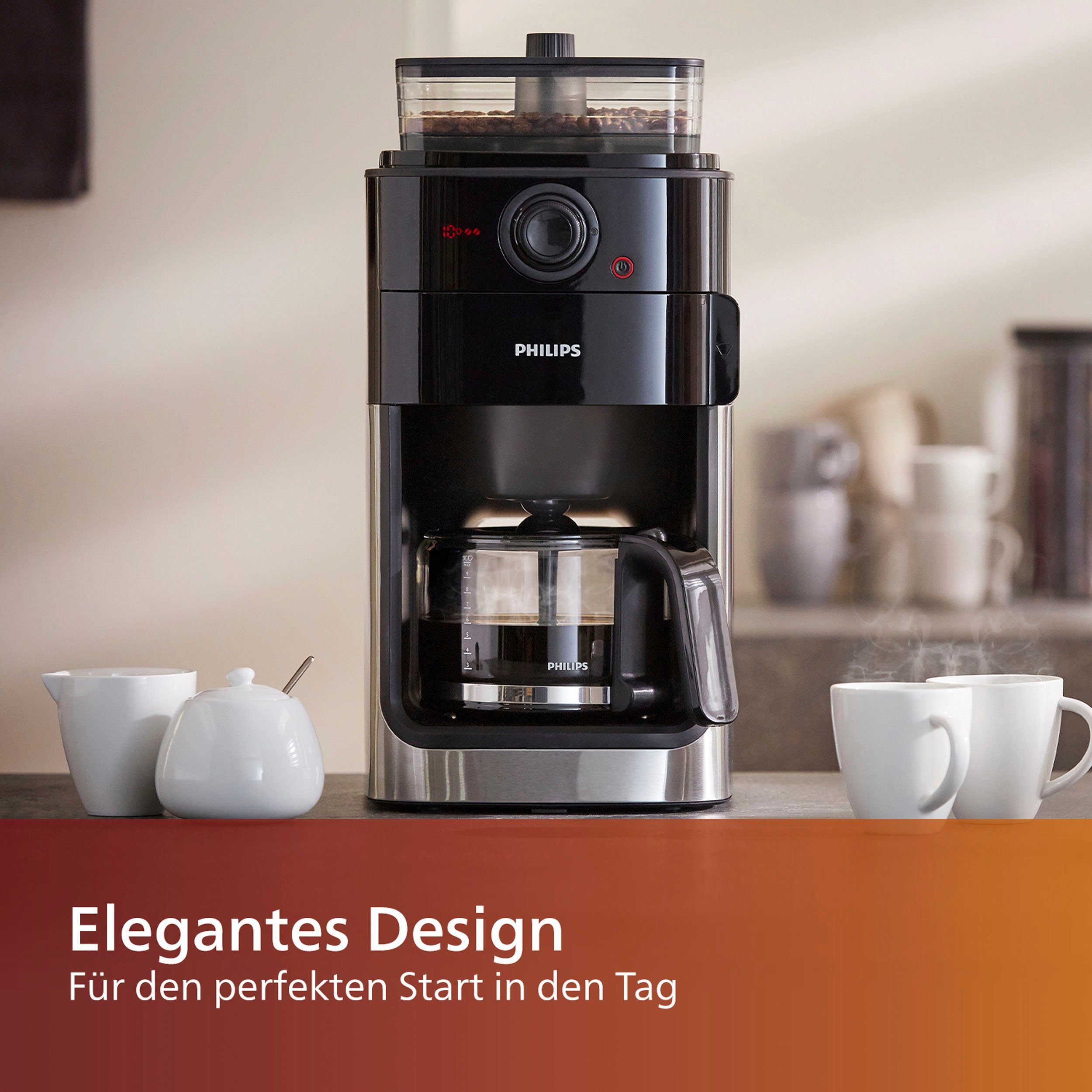 Philips Kaffeemaschine mit Mahlwerk Grind & Brew HD7767/00, aromaversiegeltes Bohnenfach, edelstahl/schwarz