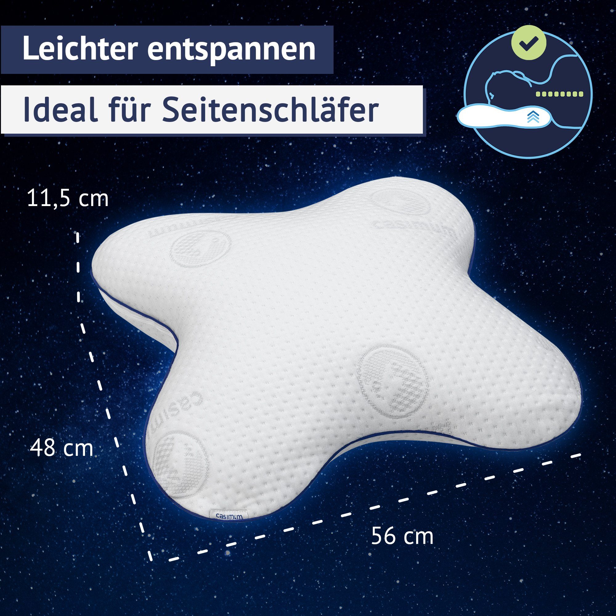 Nackenstützkissen Schmetterling, casimum, Füllung: Memory Foam, Bezug: Blau, Seitenschläferkissen aus Memory Schaum, mit blauem Bezug, 56x48 cm