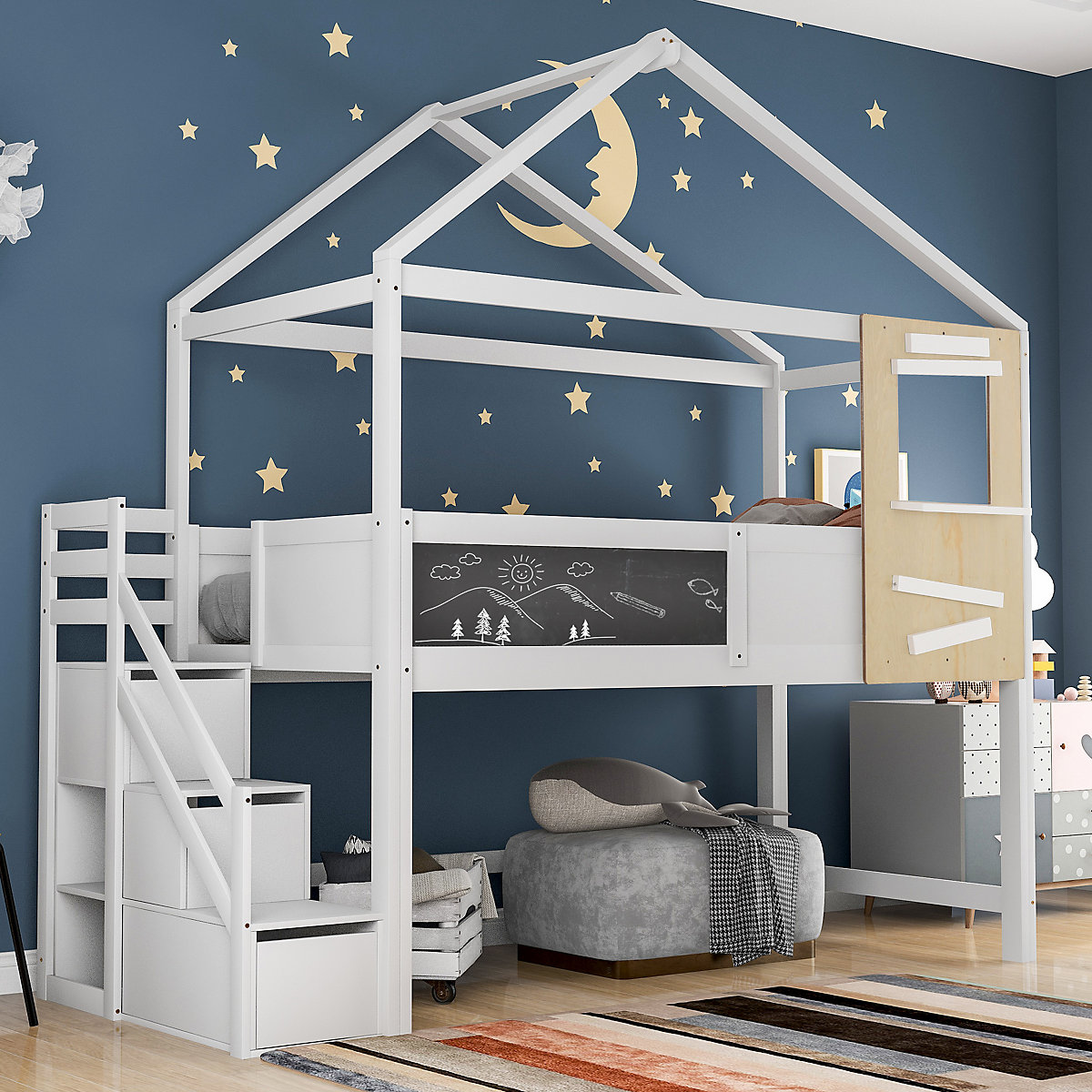 Hochbett 90x200cm mit Treppenschublden und Tafeln aus Massivholz, Kinderbett Spielbett