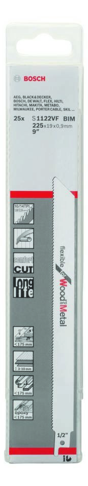 Bosch Blue Accessories 2608657559 S1122VF Bajonettsagblad Fleksibelt for tre og metall 225 mm 25 deler