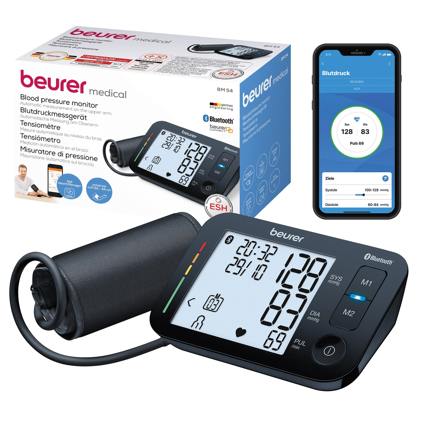 Beurer Oberam-Blutdruck-messgerät BM 54-Bluetooth® Oberarm-Blutdruckmessgerät mit Risiko-Indikator