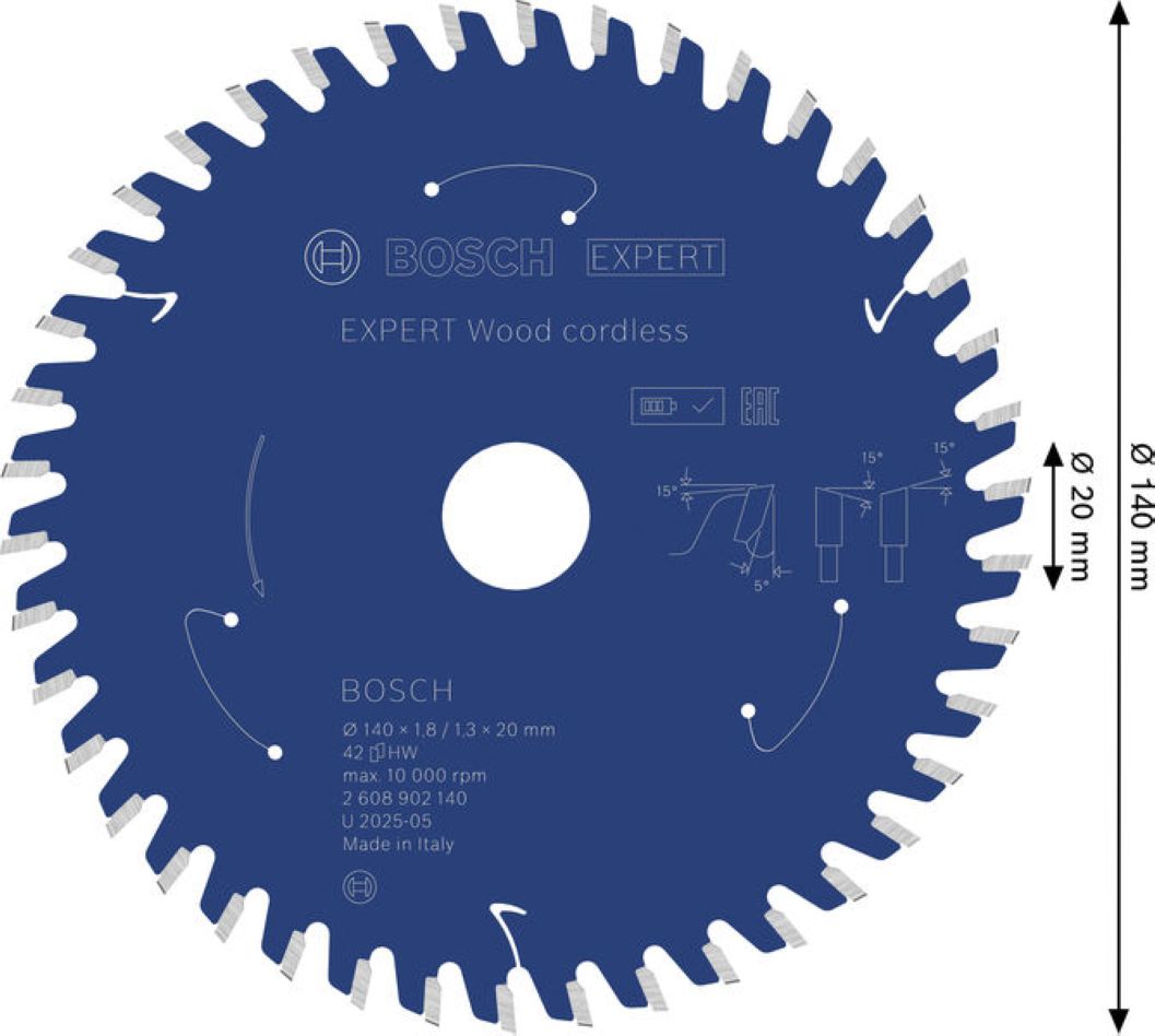 Lamă de ferăstrău circular Bosch Blue Accessories 2608902140 EXPERT pentru lemn, fără fir, 140 x 1,8/1,3 x 20 mm T42