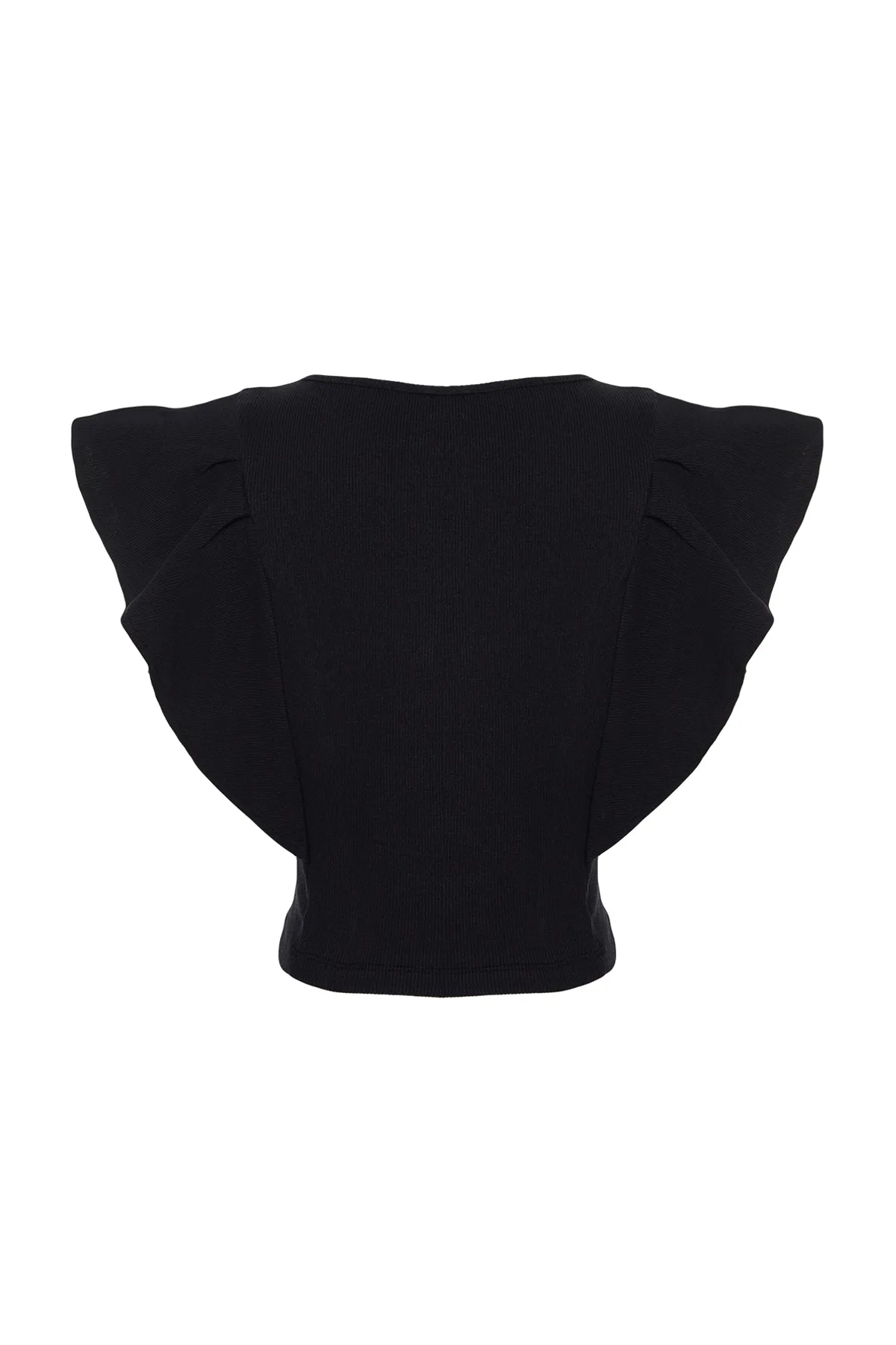 Trendyol Collection  Schwarze gerippte, dehnbare Strickbluse mit Rundhalsausschnitt und Rüschenärmeln TWOSS24BZ00370