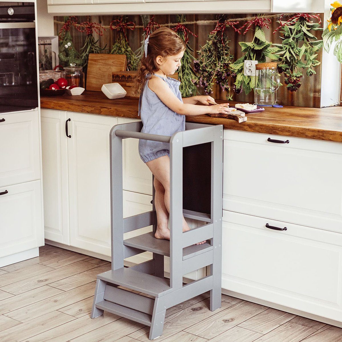 MeowBaby Stehhilfe Lernturm für Kinder Montessori Lernstuhl mit Kreidetafel Dunkelgrau (1 St), Kinderhocker, Höhenverstellbar, Abgerundete Ecken & Kanten