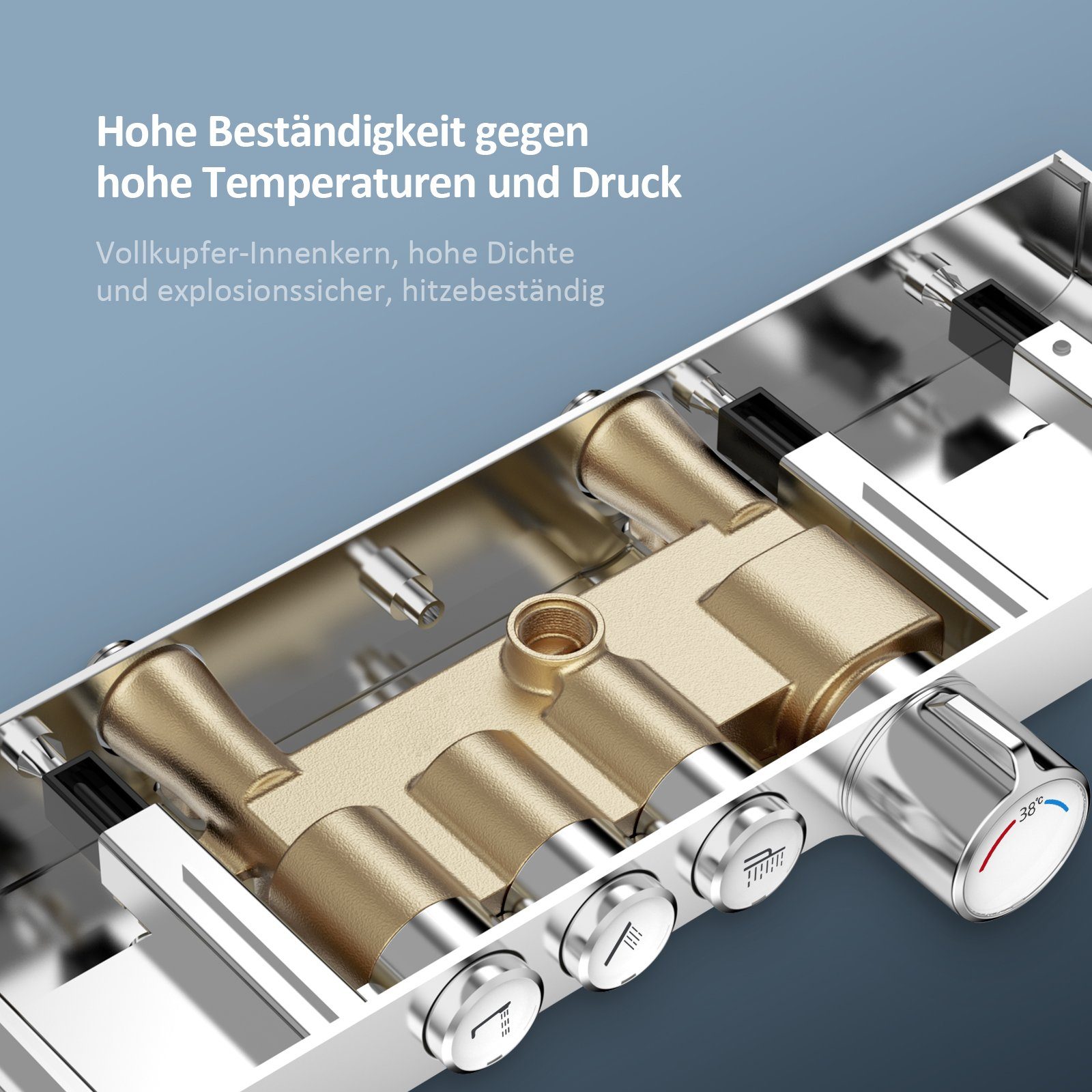 EMKE Duschsystem Duschsystem mit 38℃ Thermostat Glasablage Handbrause Regendusche, 3 Strahlart(en), Wasserauslass Verbrühungsschutz, Wandmontage, Duschamaturenset, Chrom